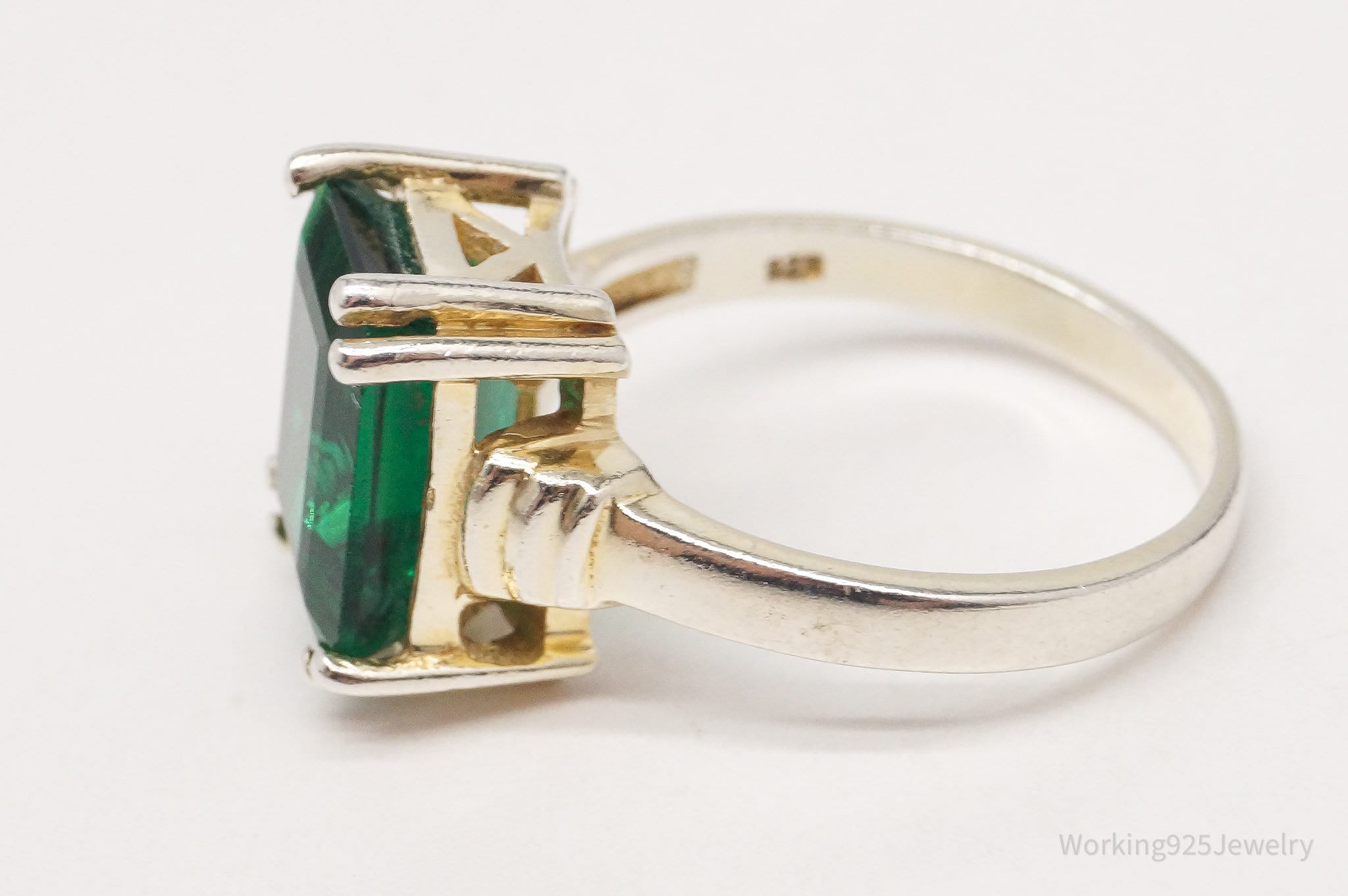 Vintage Lab Emerald Gold Wash Sterling Silver Ring Size 7