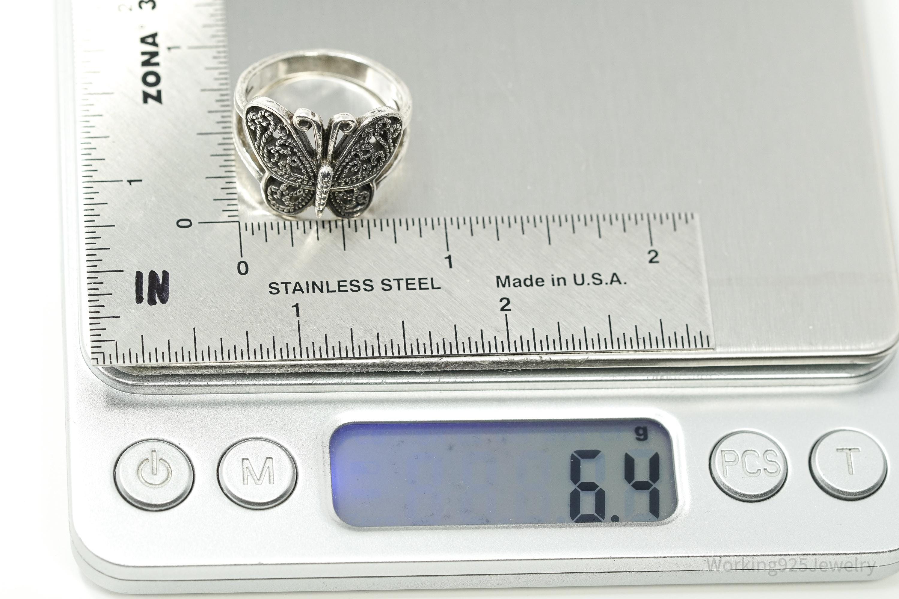 Vintage Filigree Butterfly Sterling Silver Ring - Size 9.25