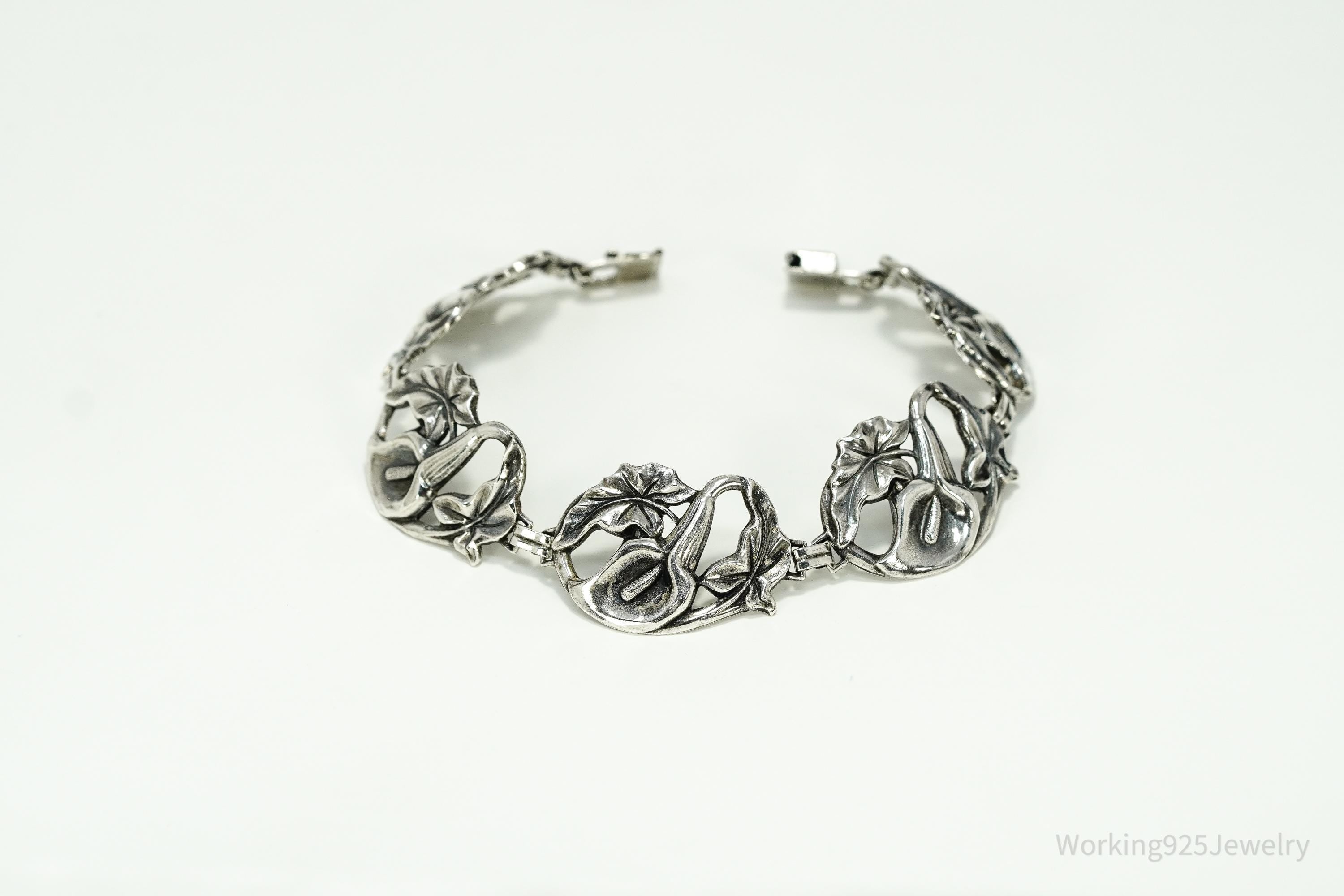 Antique Calla Lilly Floral Sterling Silver Bracelet 7 7/8"