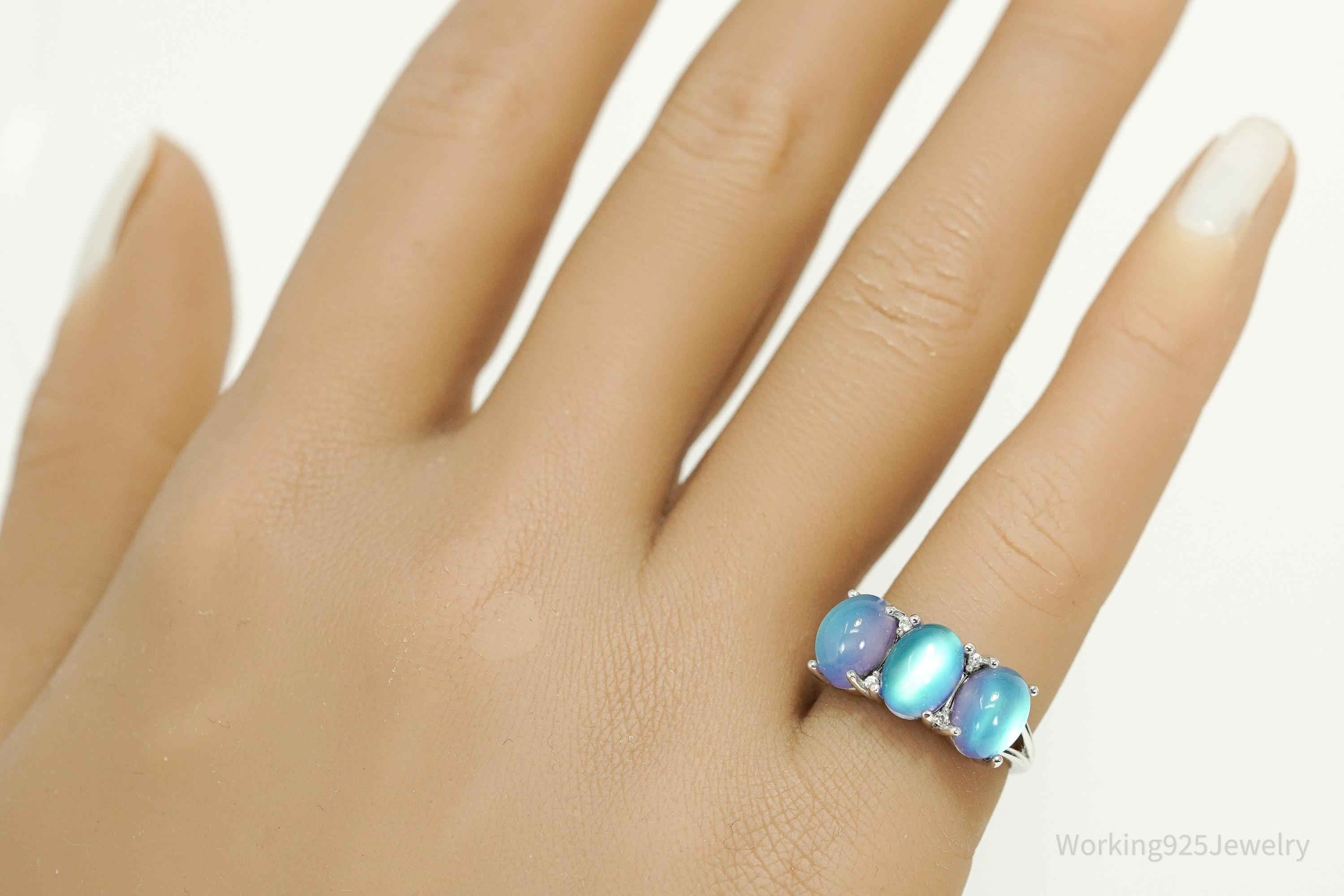 Vintage Y2K Aurora Moonstone & White Zircon Rhodium Over Sterling Silver Ring 5