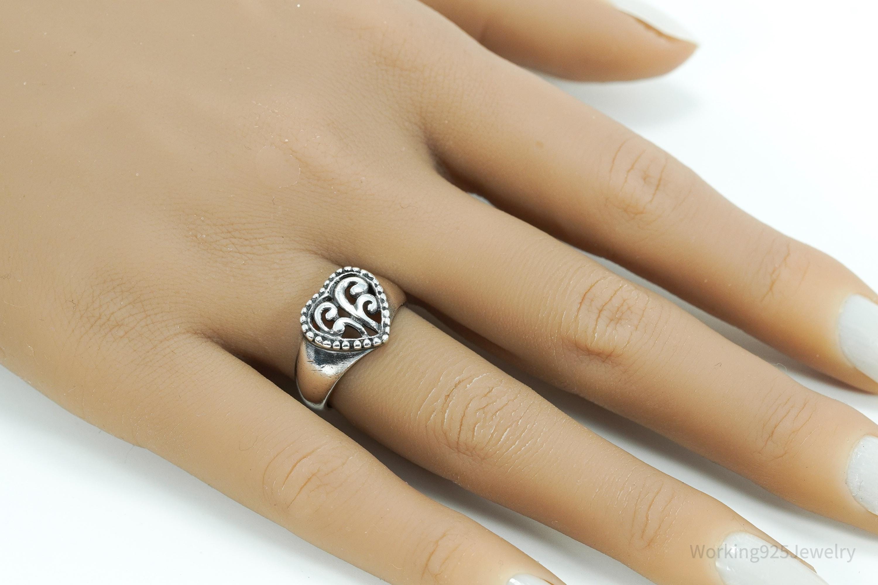 Vintage Scroll Heart Sterling Silver Band Ring - Size 7