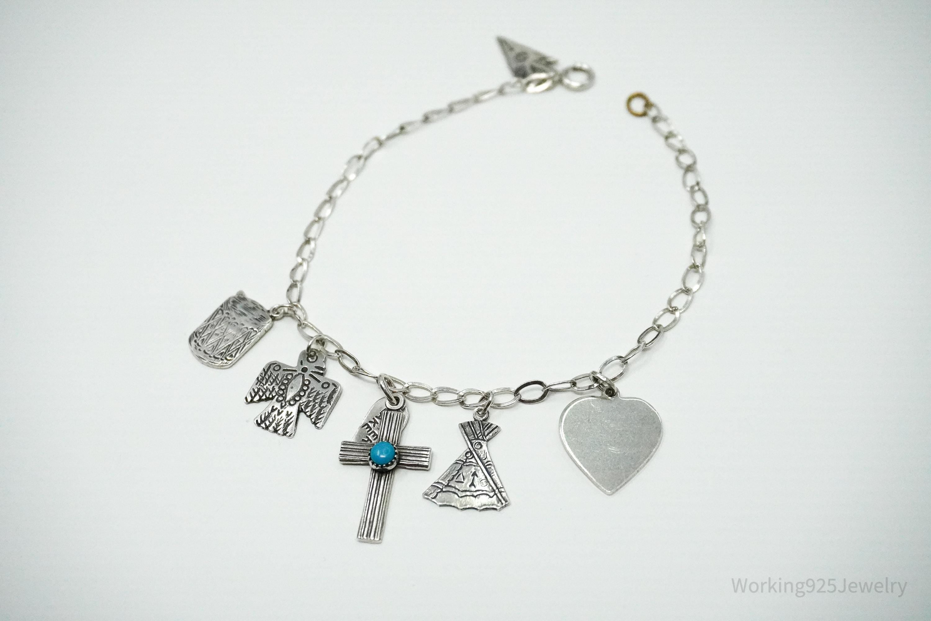 Vintage Southwestern Charms Sterling Silver Bracelet / Anklet 8 3/8"