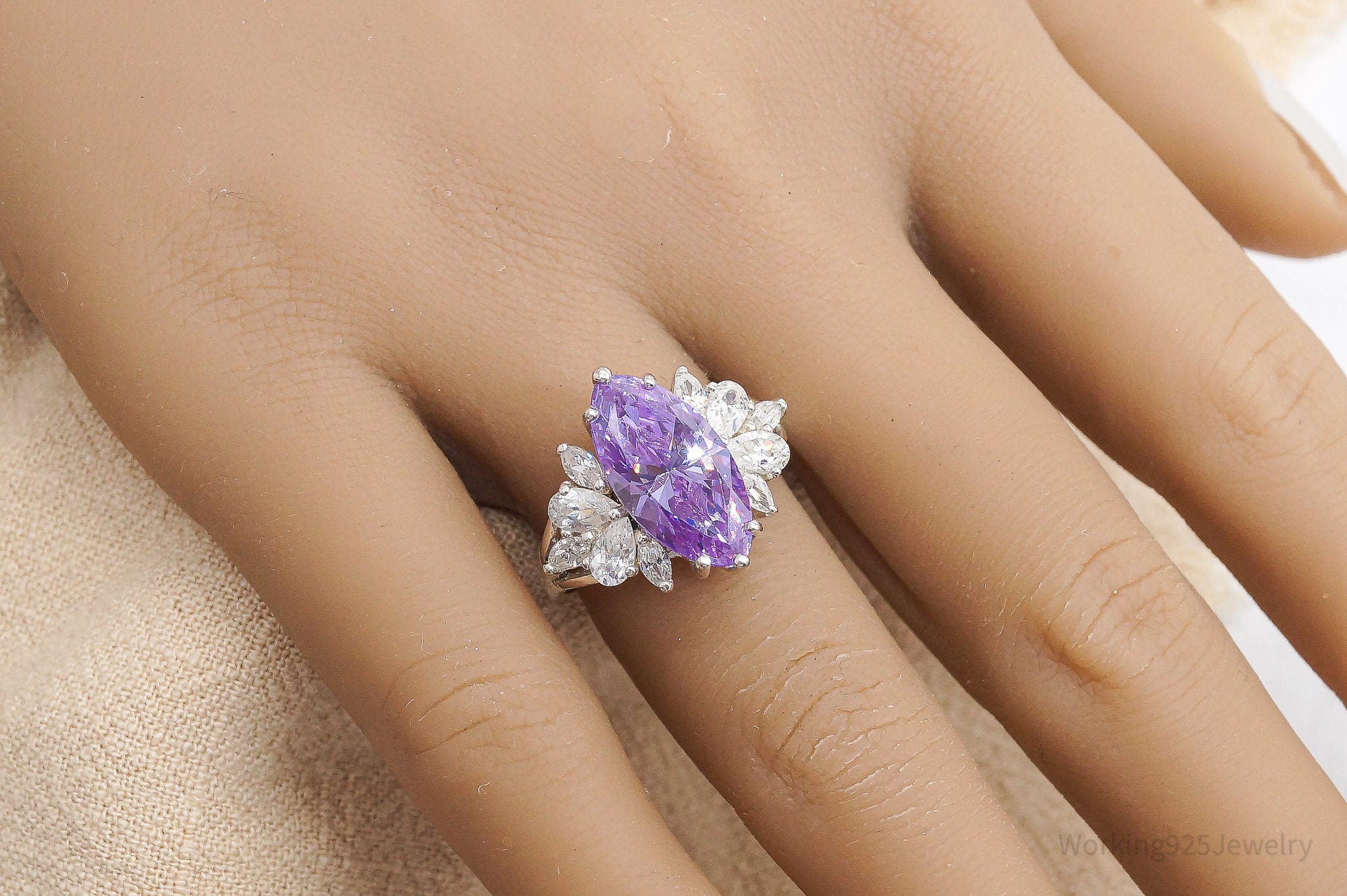 Vintage Purple & White Cubic Zirconia Sterling Silver Statement Ring - Size 7.75