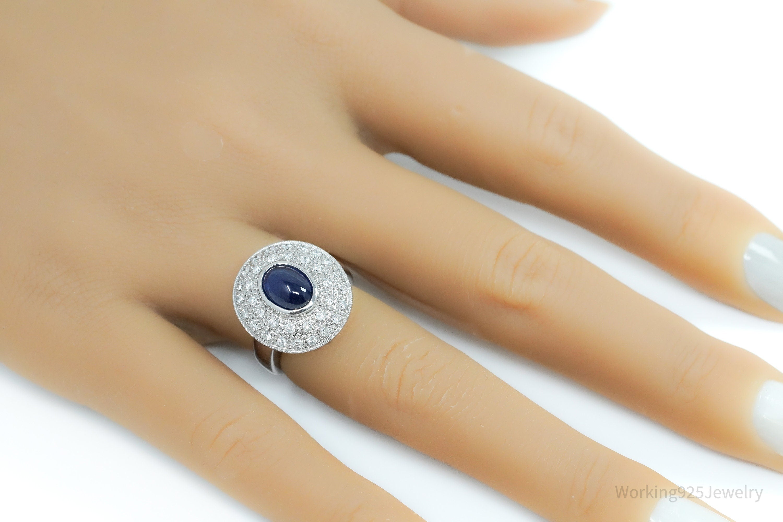 18K White Gold & Natural Sapphire with Diamond Bezel Set Ring - Size 4