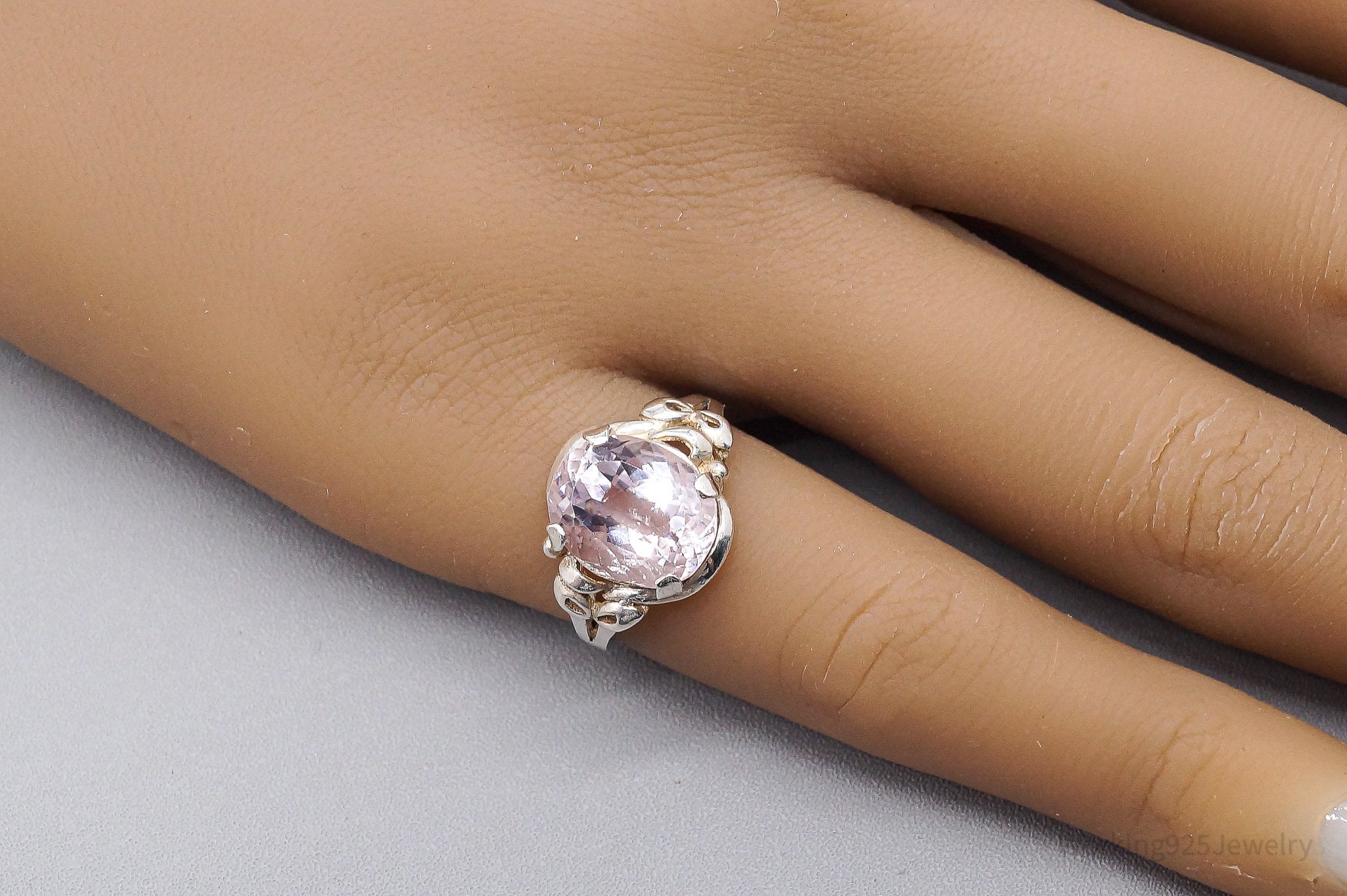 Vintage Large Pink Amethyst Sterling Silver Ring - Size 4.75