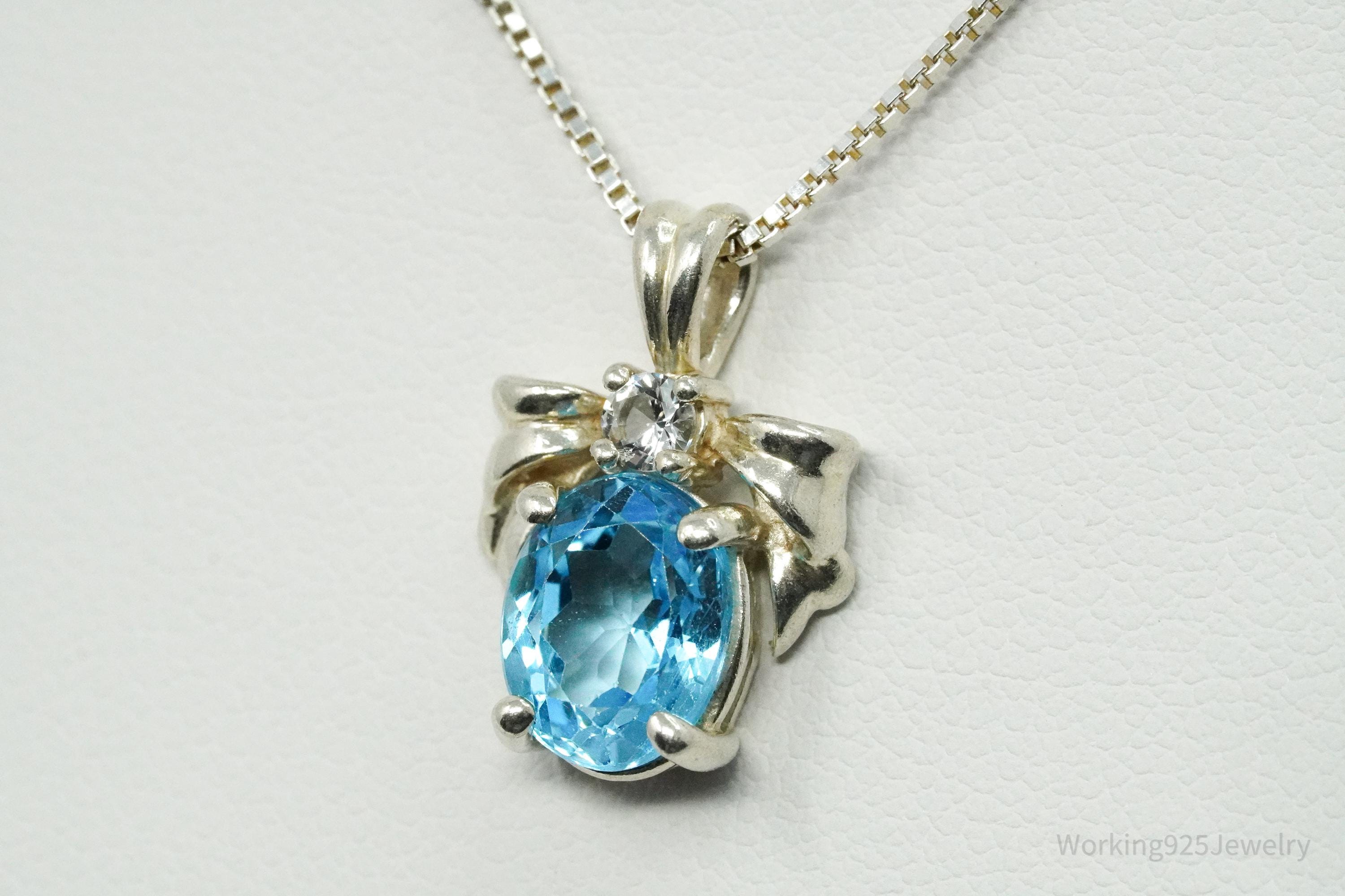 Vintage Blue Topaz & Cubic Zirconia Sterling Silver Necklace 18"
