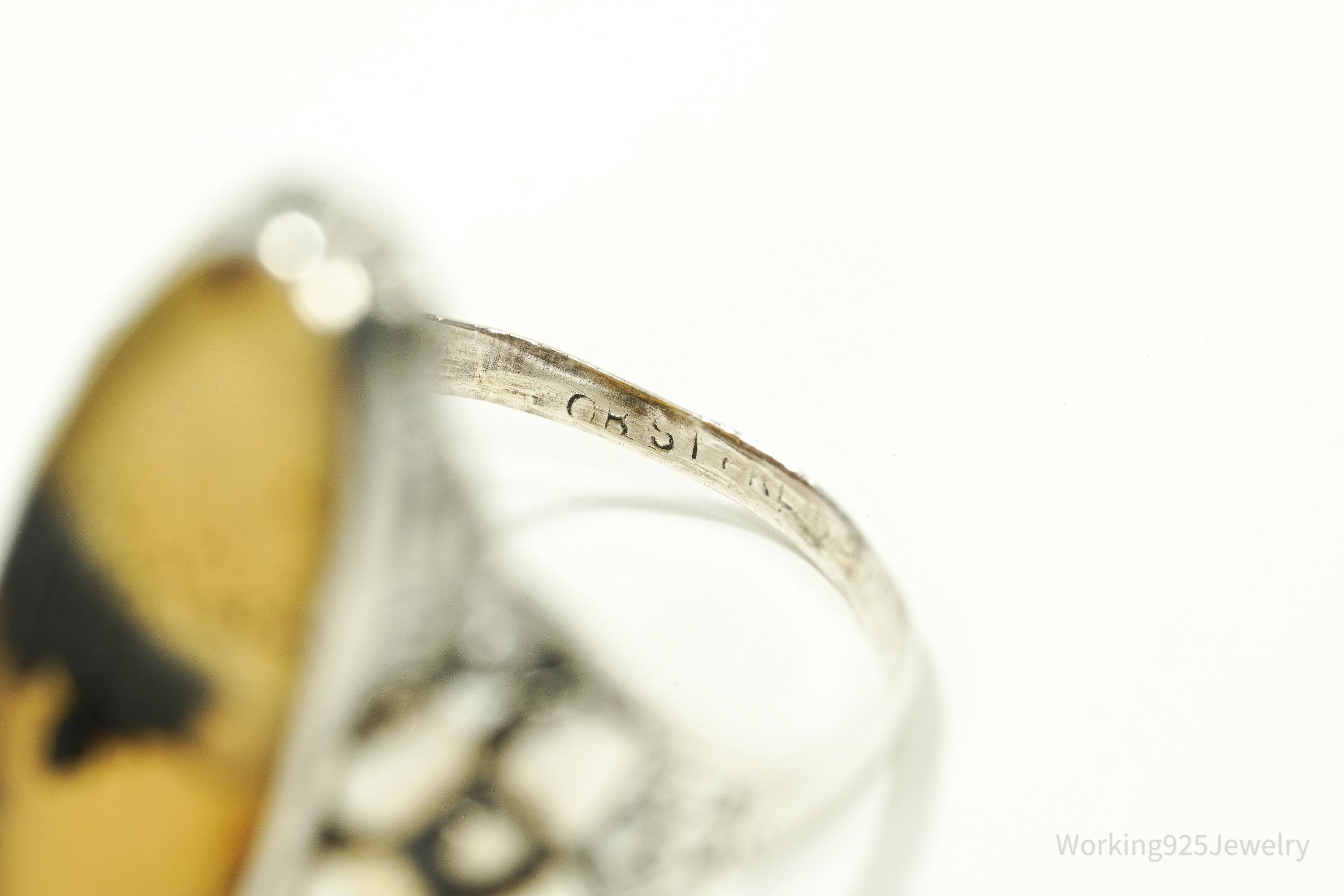Antique Edwardian Ostby & Barton Agate Sterling Silver Ornate Ring Size 6.25