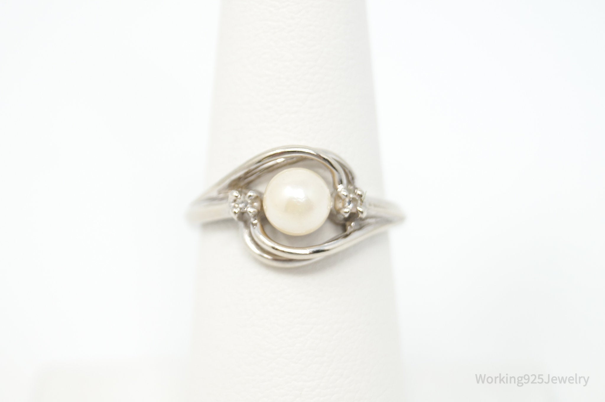 Vtg 10K Gold Diamond Pearl Art Nouveau Ring - Size 6.5