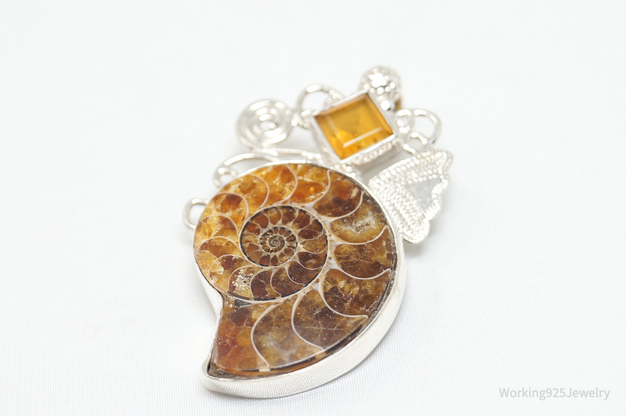 Vintage Large Ammonite Fossil Shell Citrine Sterling Silver Necklace Pendant