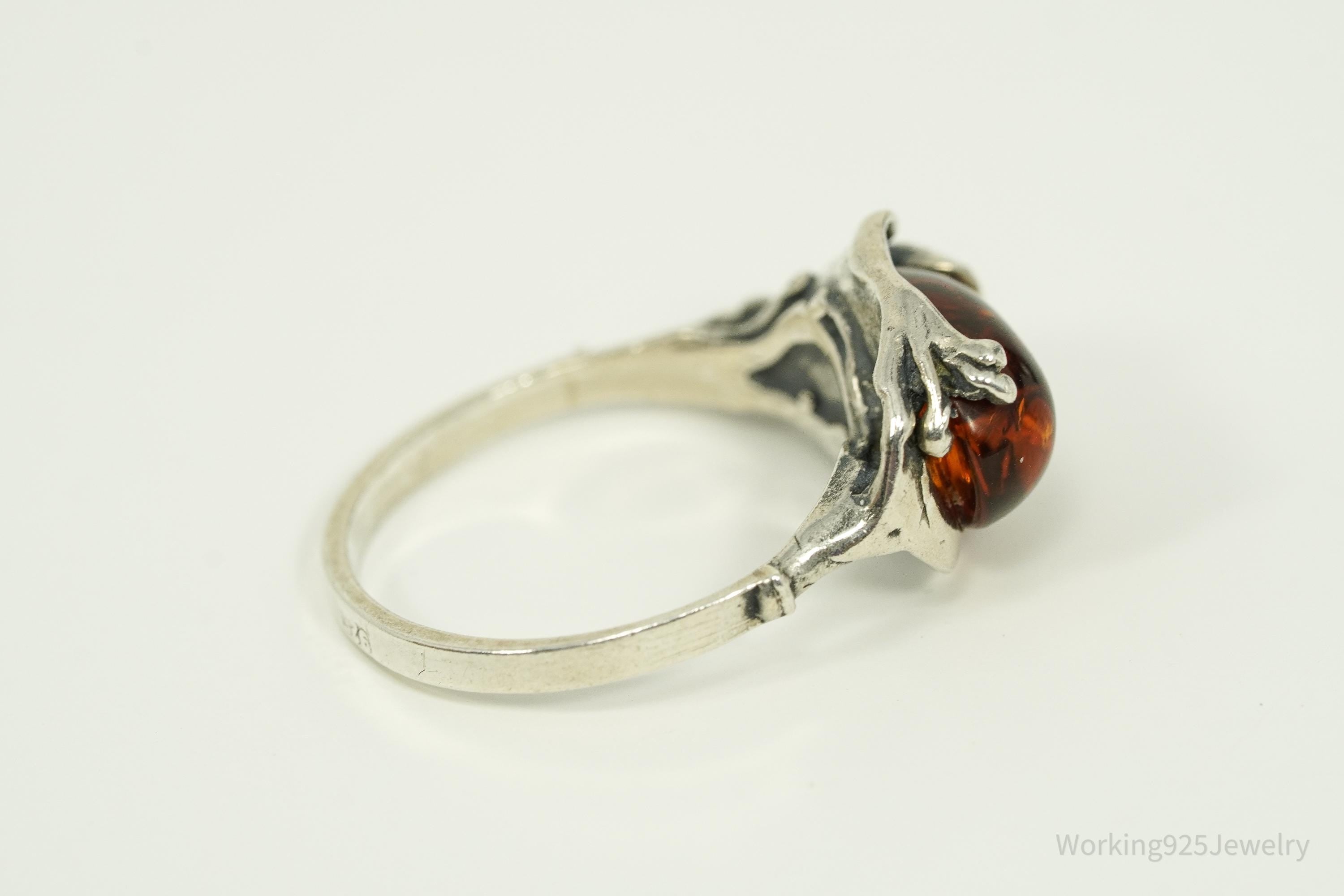 Vintage Amber Modernist Style Sterling Silver Ring - Size 6.5