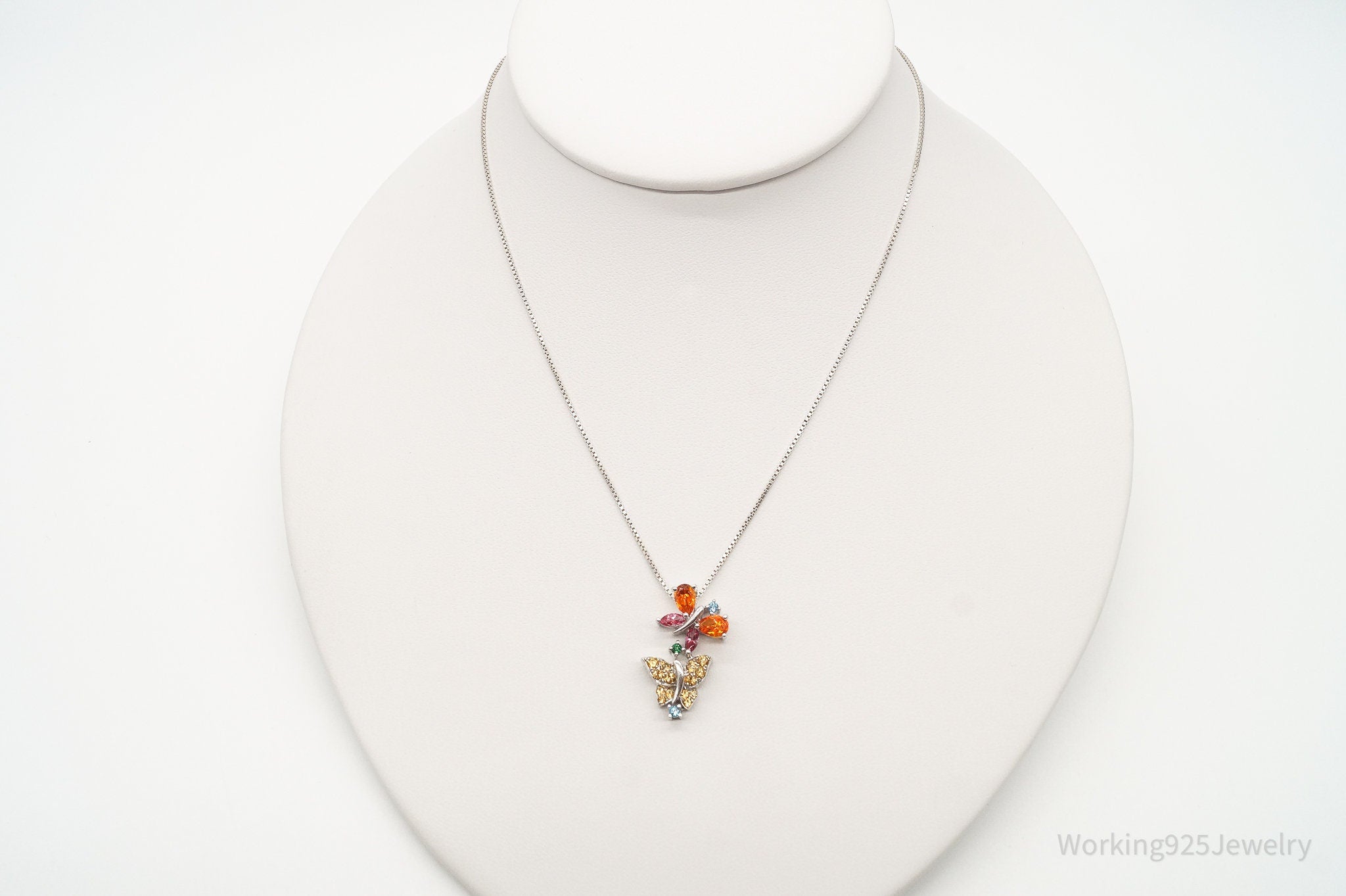 Vintage Multiple Gemstone Butterflies Sterling Silver Necklace