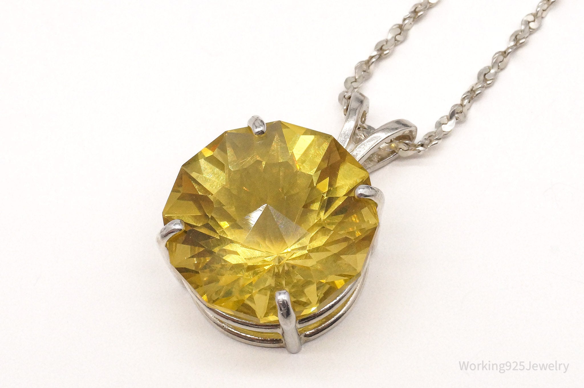 Vintage Large Yellow Simulated Citrine Sterling Silver Necklace 18"