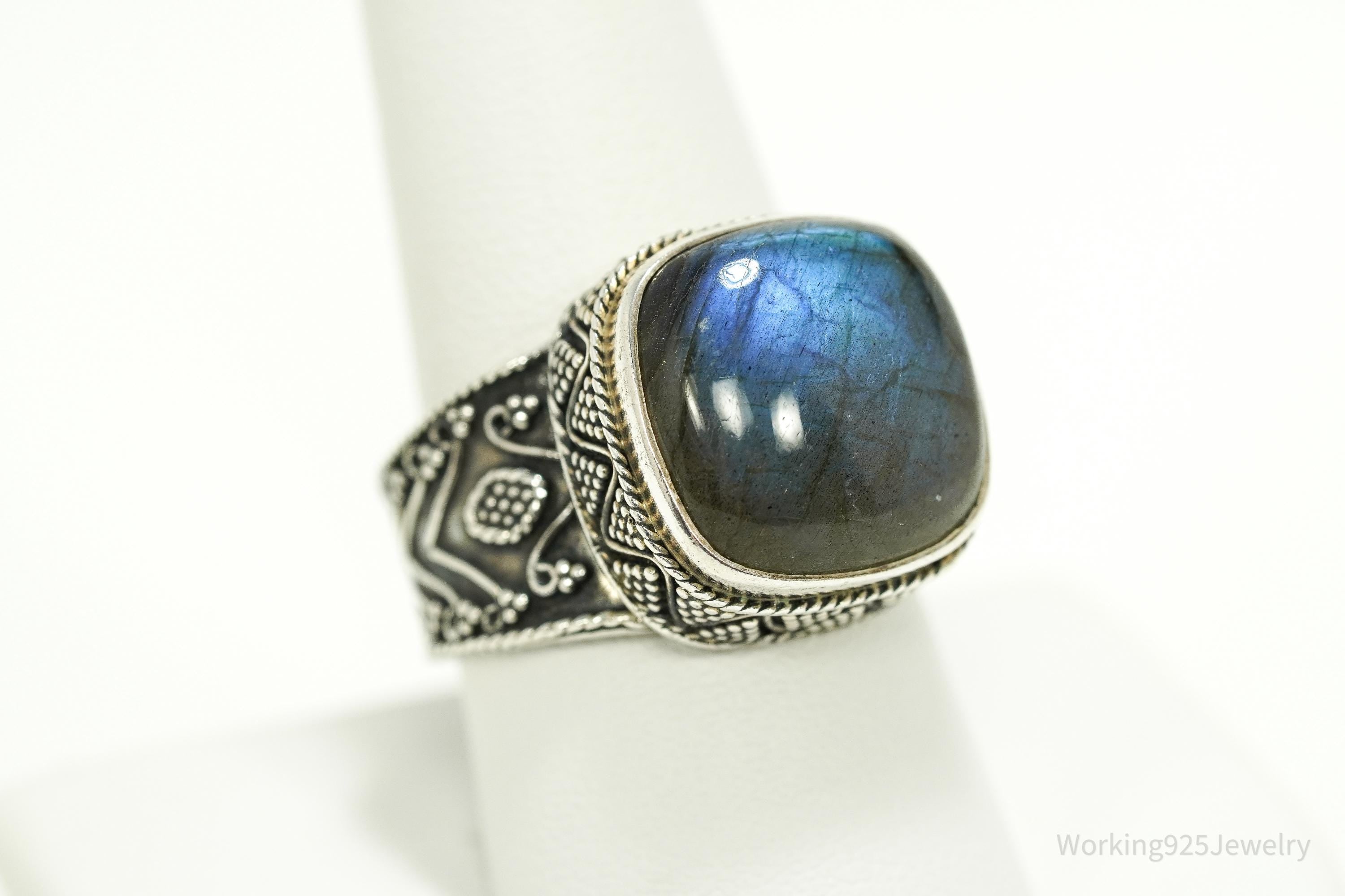 Vintage Large Labradorite Ornate Sterling Silver Ring - SZ 10.25