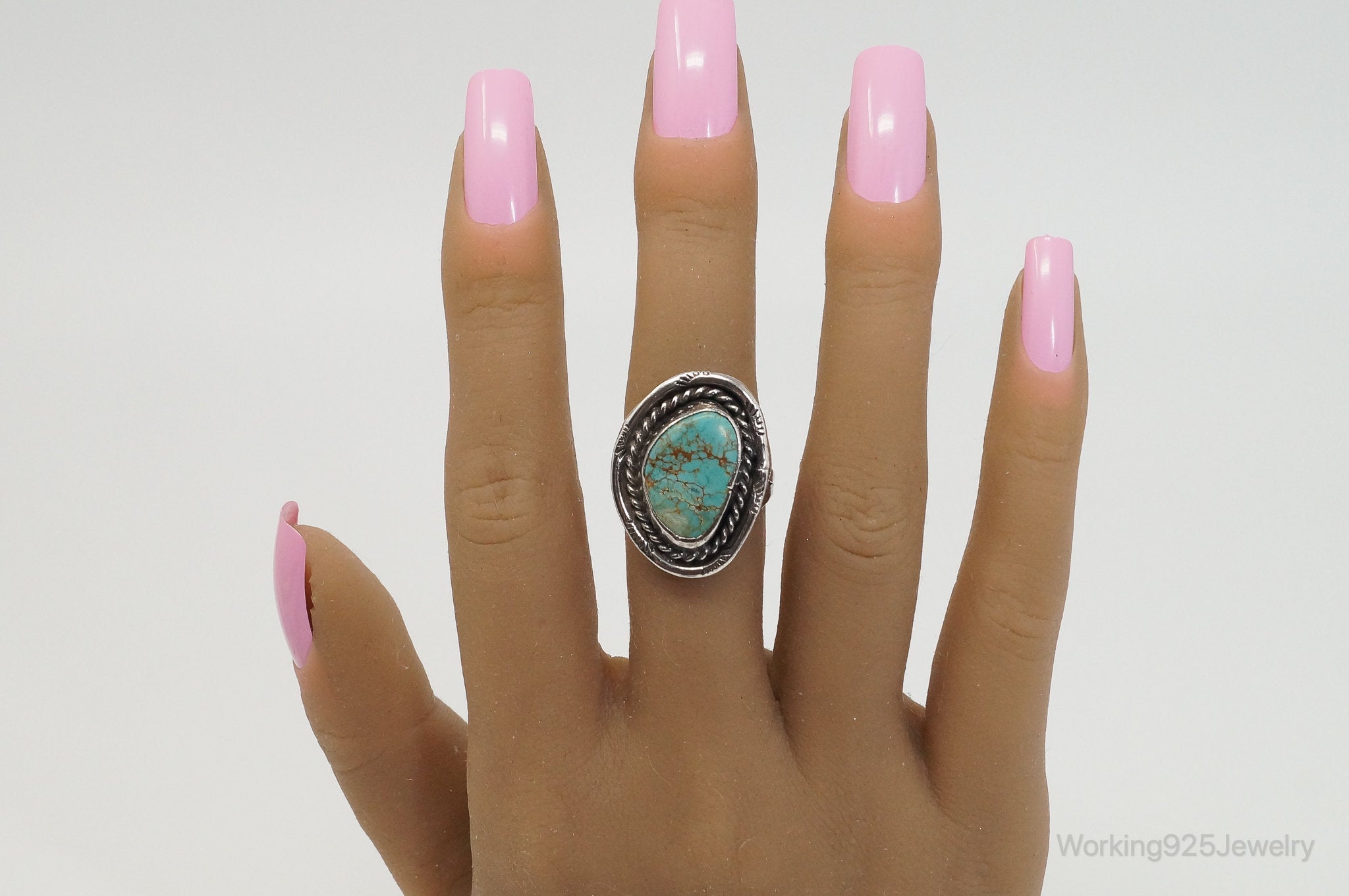 Vintage Native American Turquoise Unsigned Sterling Silver Ring - SZ 8