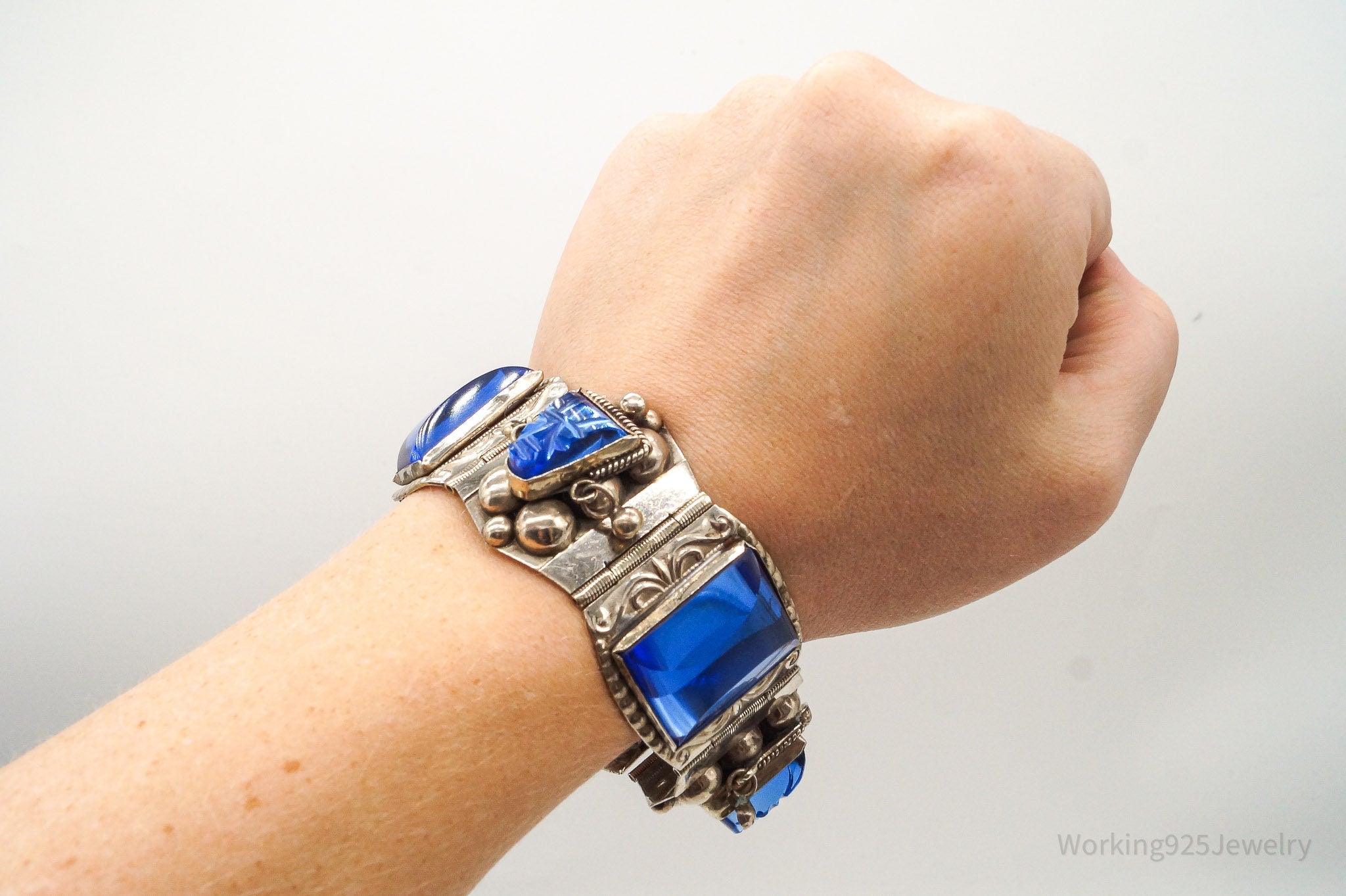 Vintage Mexico Designer AR Blue Glass Aztec Sterling Silver Bracelet