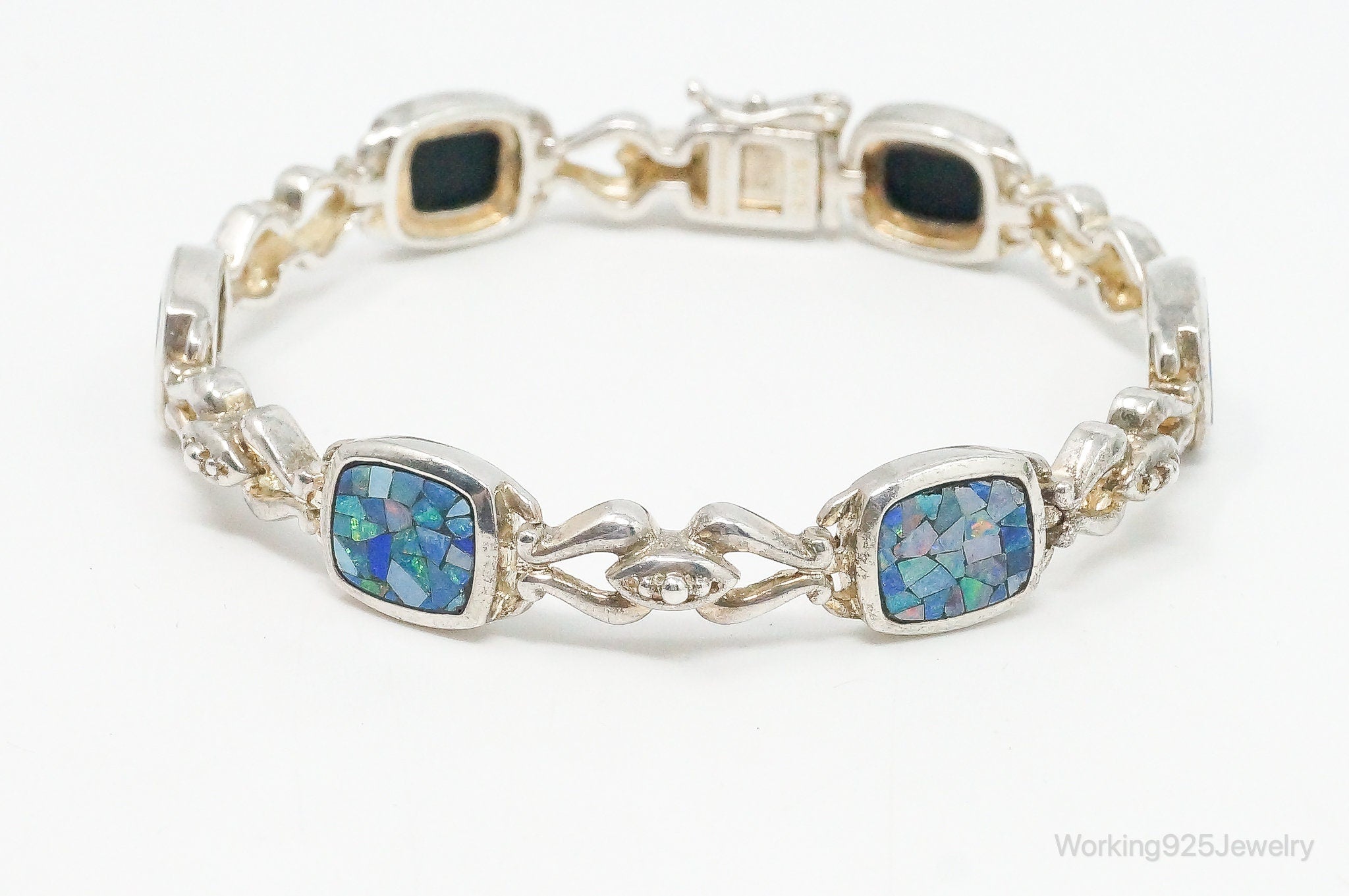 Vintage Mosaic Blue Fire Opal Inlay Sterling Silver Bracelet