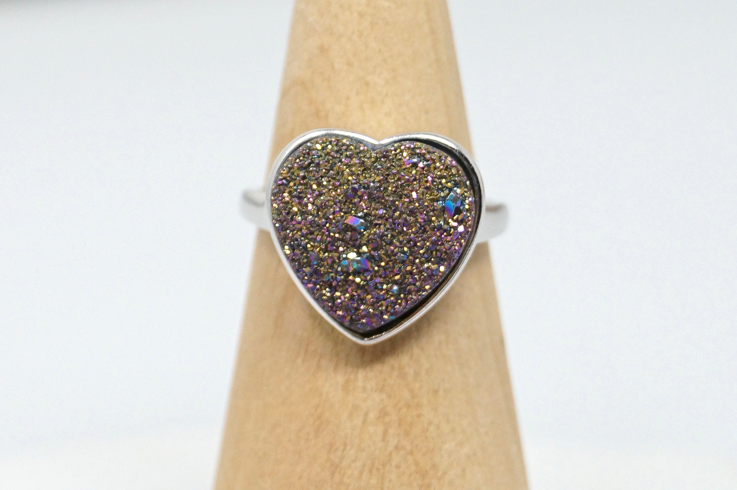 Vintage Rainbow Druzy Quartz Heart Statement Ring Sterling Silver - Size 9