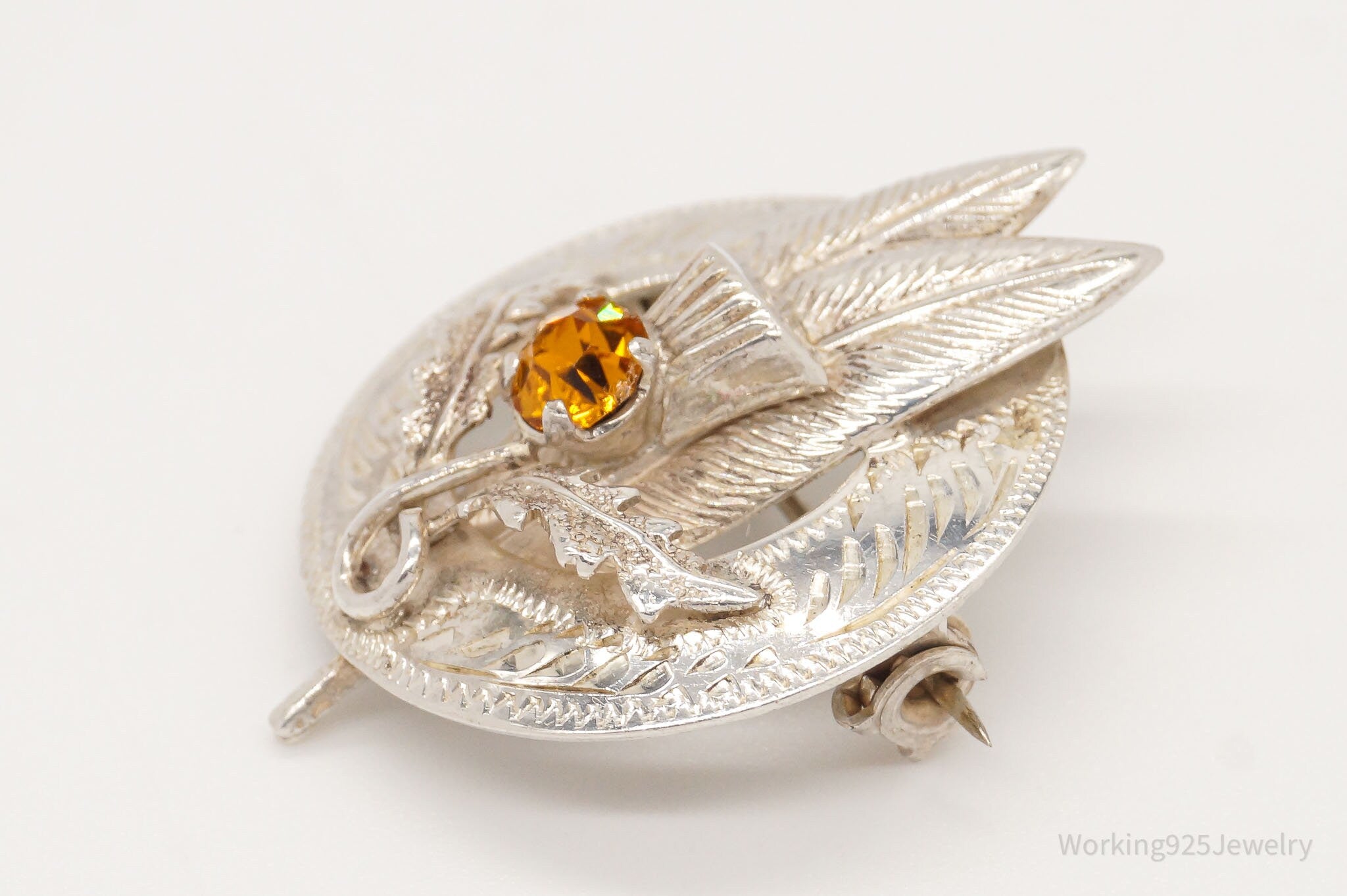 Vintage WB Ward Brothers Citrine Scottish Thistle Sterling Silver Brooch