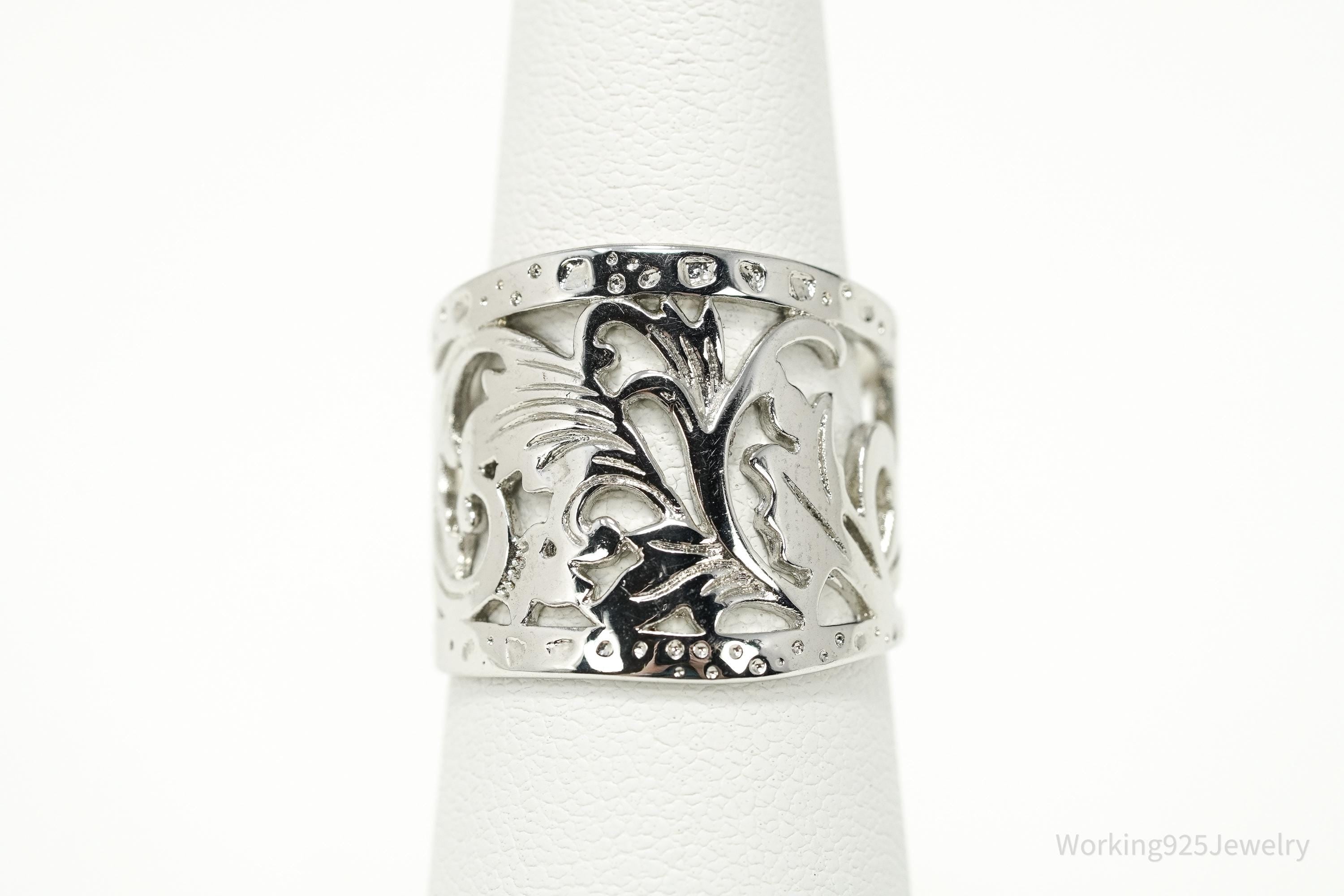 Vintage Wide Sterling Silver Floral Cigar Band Statement Ring – Size 7