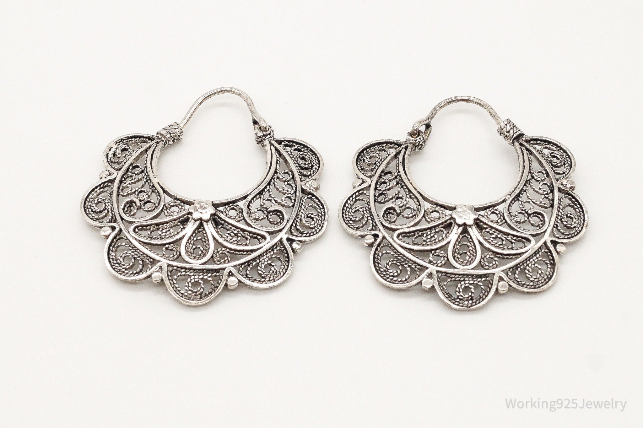 Vintage Turkey Designer DGS Flower Filigree Sterling Silver Earrings