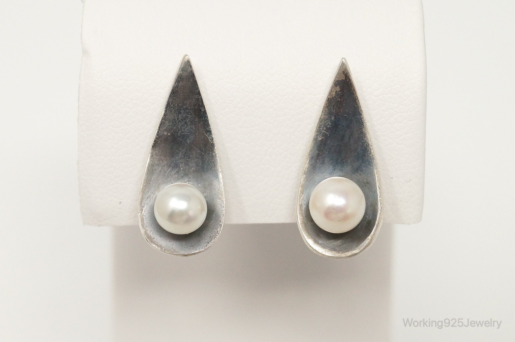 RARE Vintage Modernist Ed Wiener Pearl French Screw Back SterlingSilver Earrings