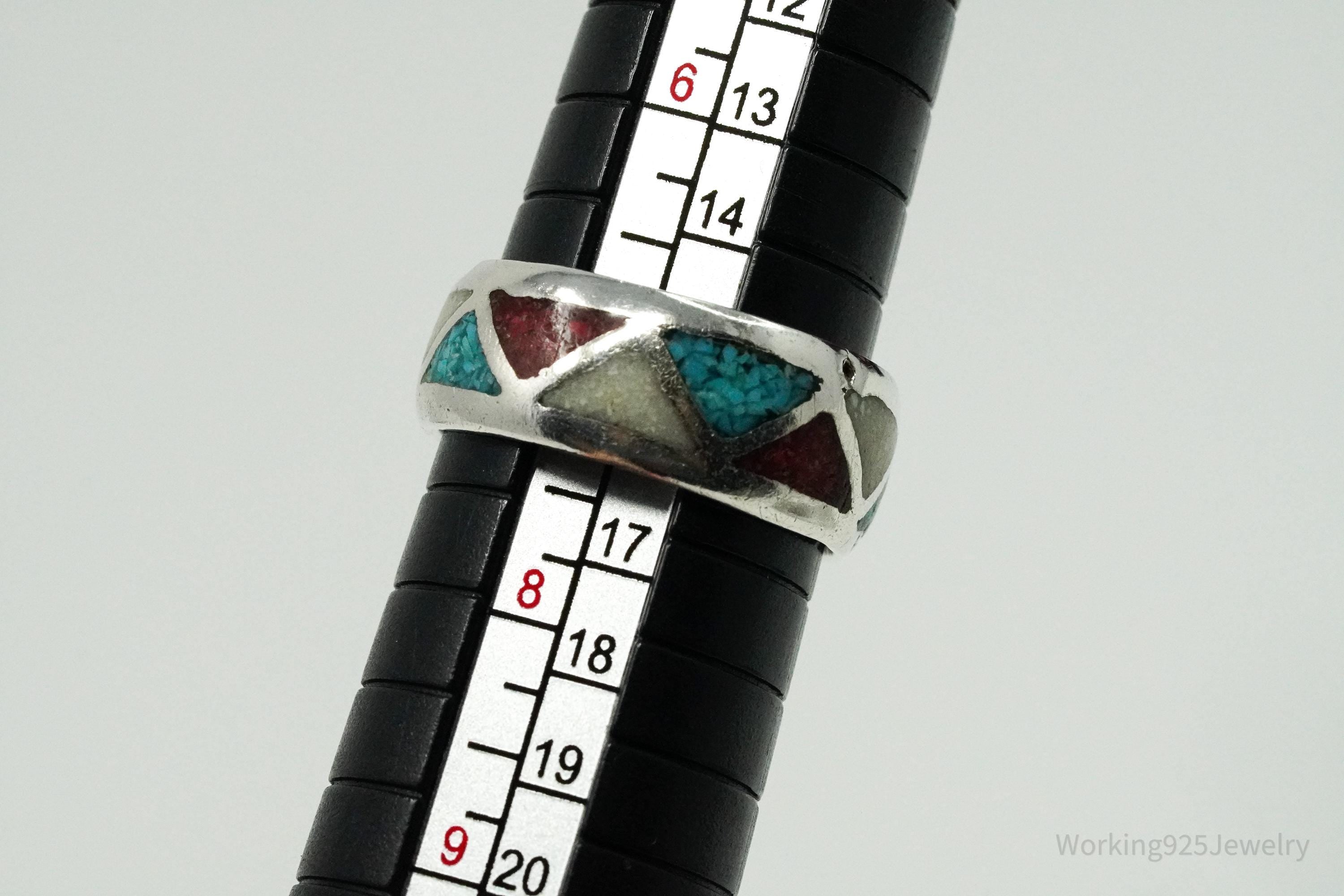 Vintage Native American Stone Inlay Unsigned Silver Ring - Size 7.25