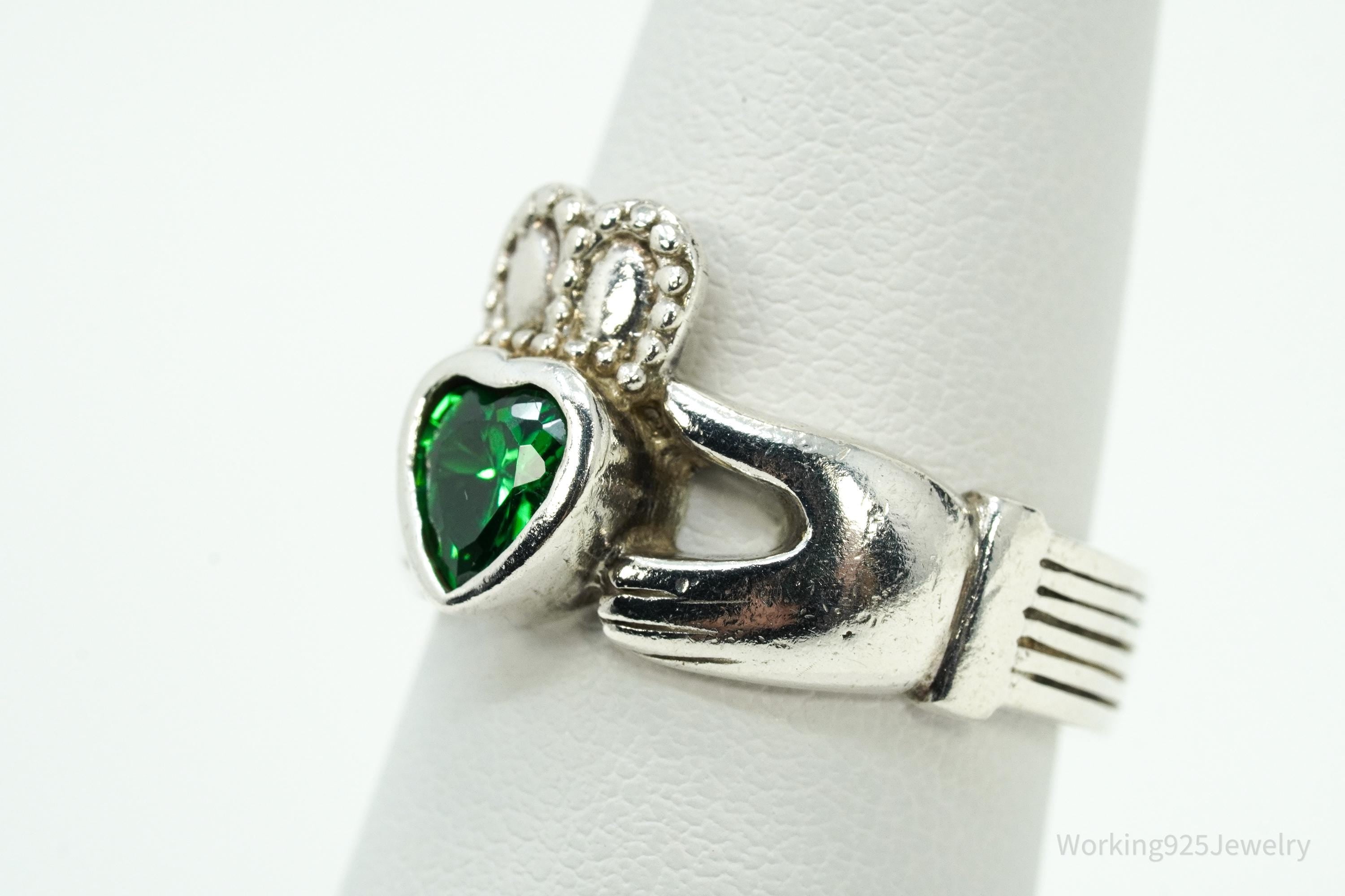Vintage Green Tourmaline Heart Claddagh Sterling Silver Ring - Size 7.75