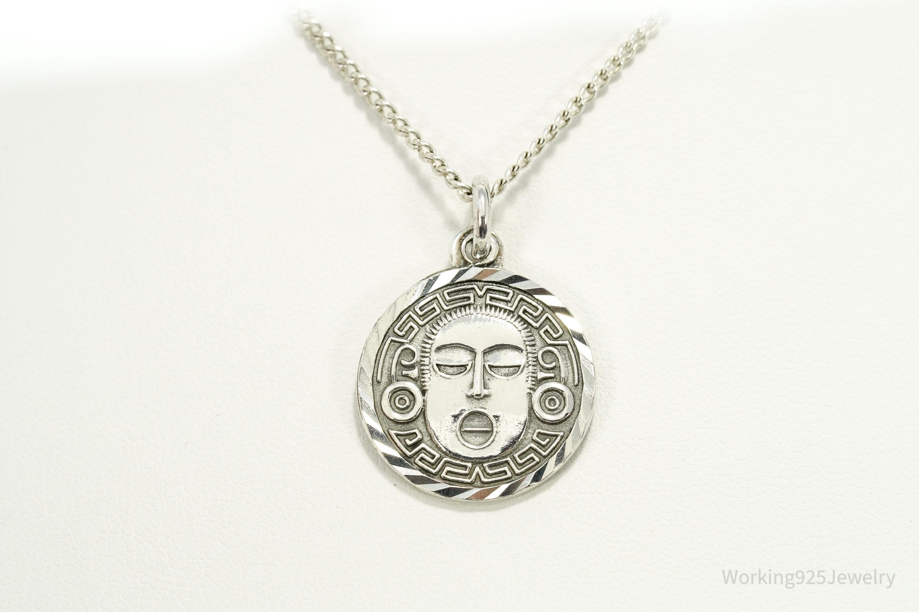 Vintage Mexico Mayan Medallion God 950 Silver Necklace 18"