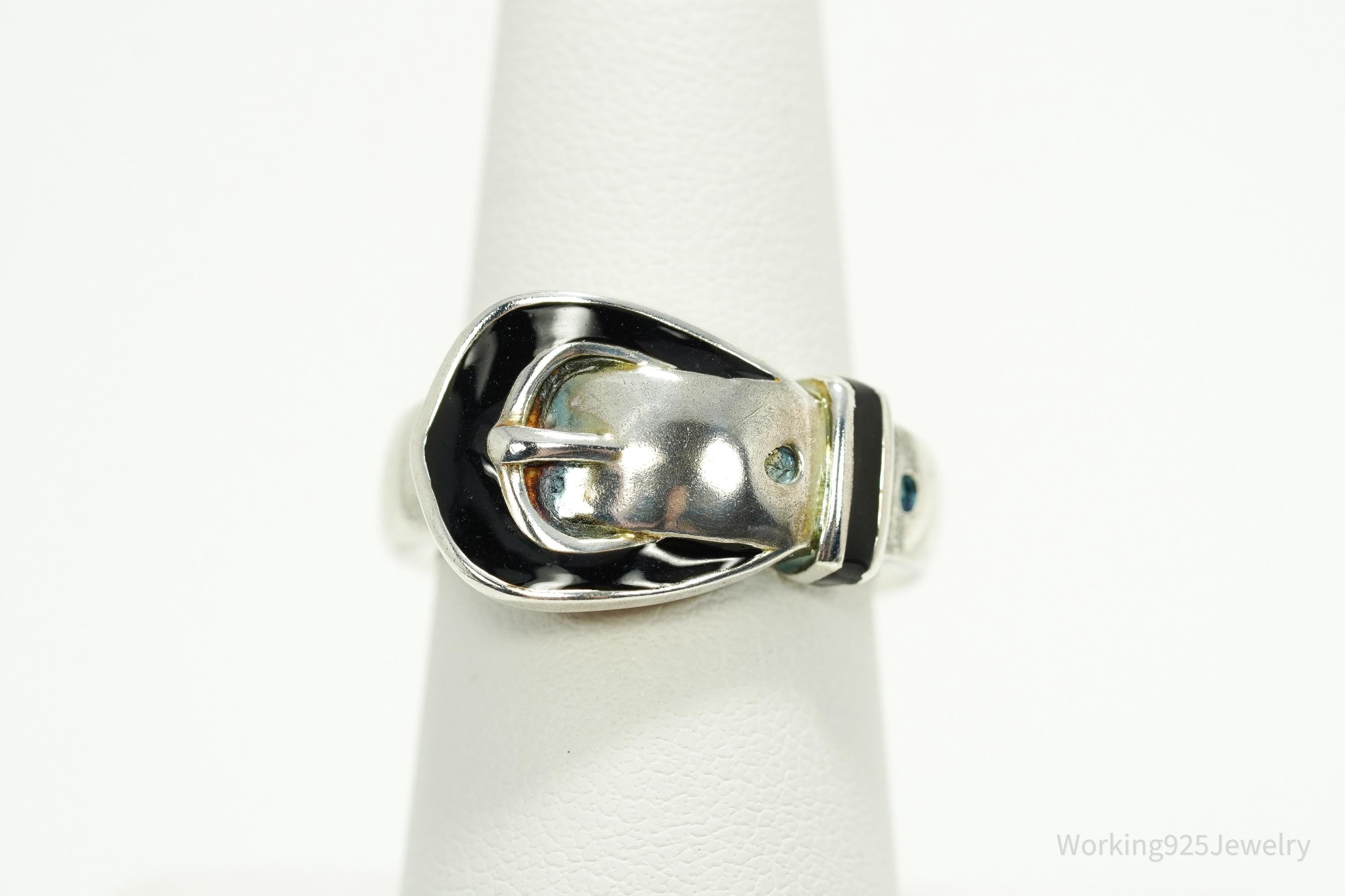Vintage Belt Buckle Black Enamel Sterling Silver Ring - Size 7.25