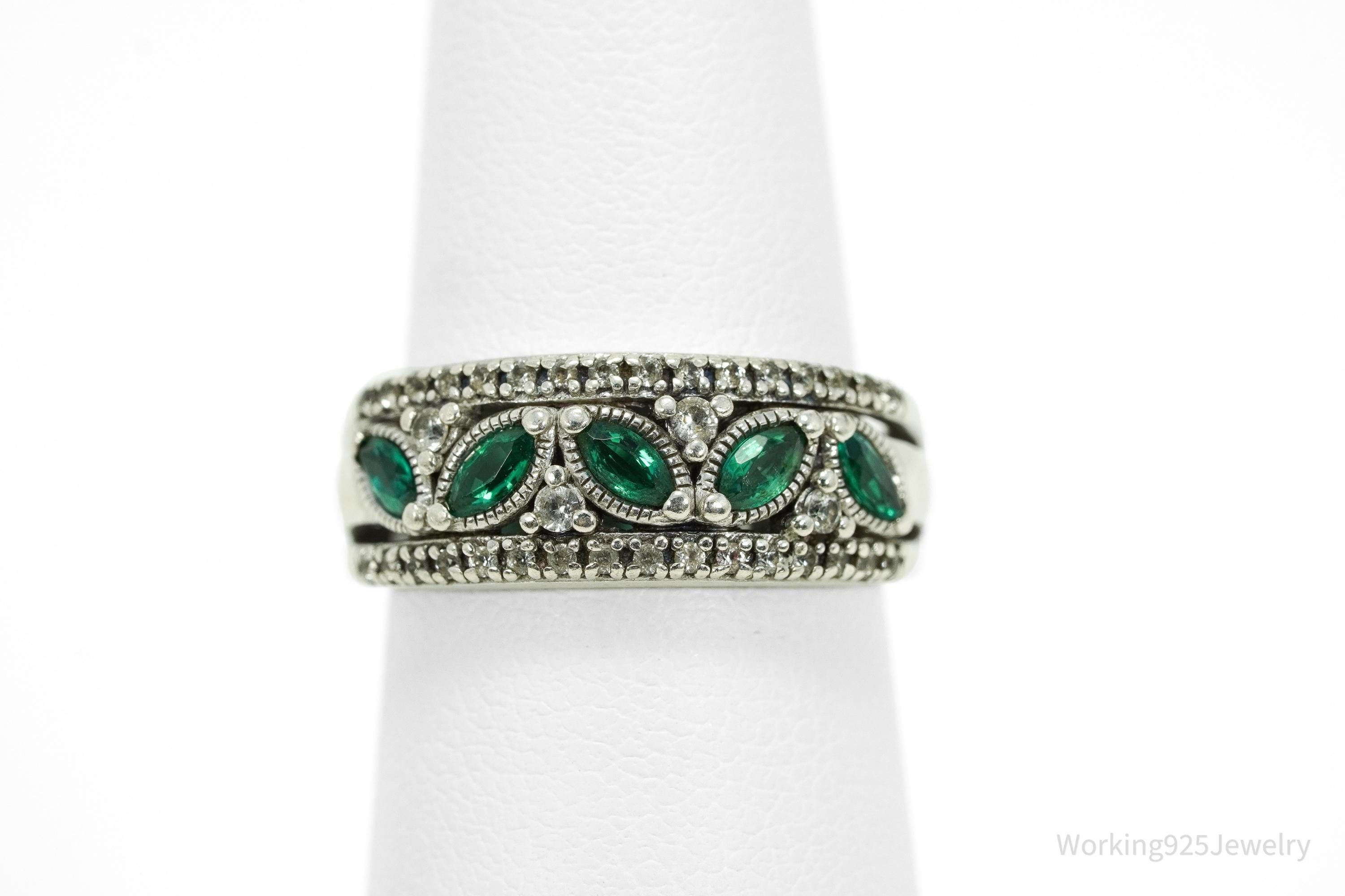 Vintage Emerald & White Sapphire Sterling Silver Ring - Size 6