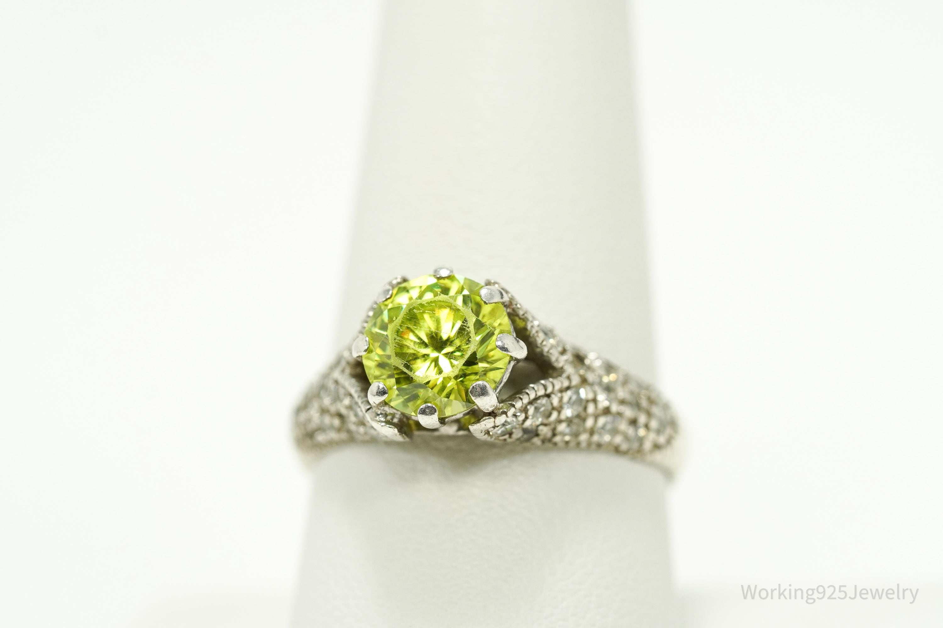 Vintage Espo Green & White Cubic Zirconia Sterling Silver Ring - Size 9