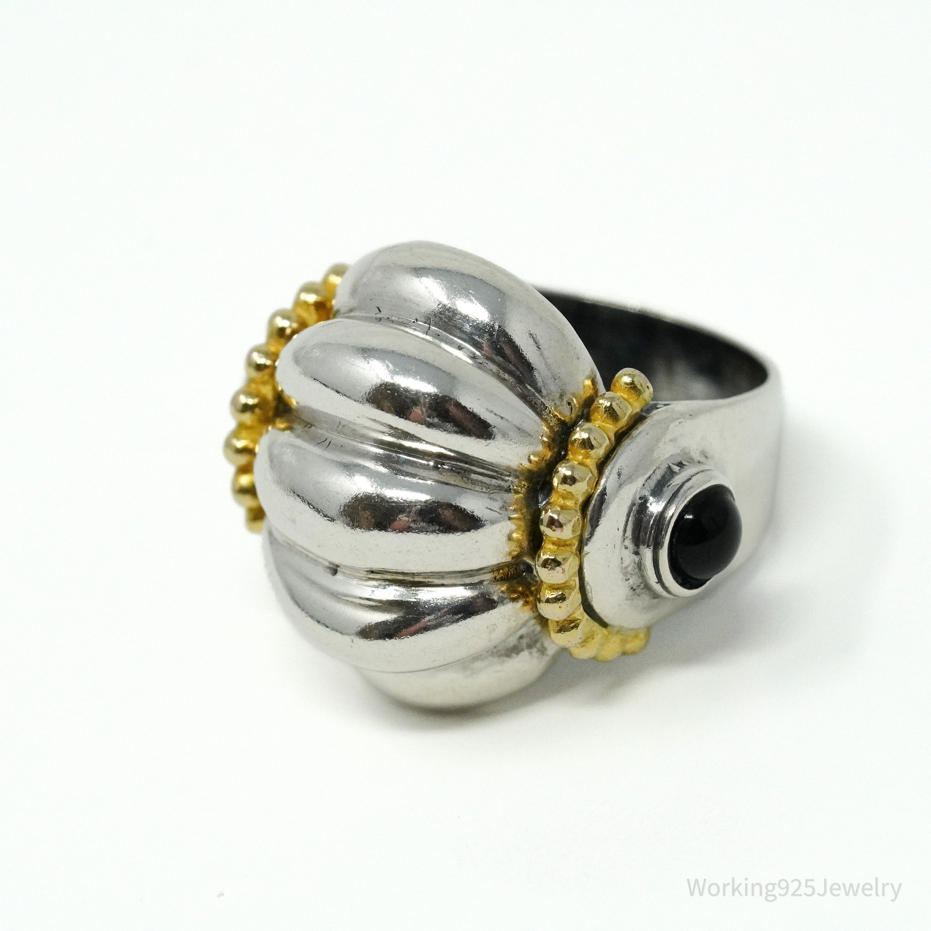 Vintage Italian Black Onyx Gold Vermeil Sterling Silver Ring - Size 6.5