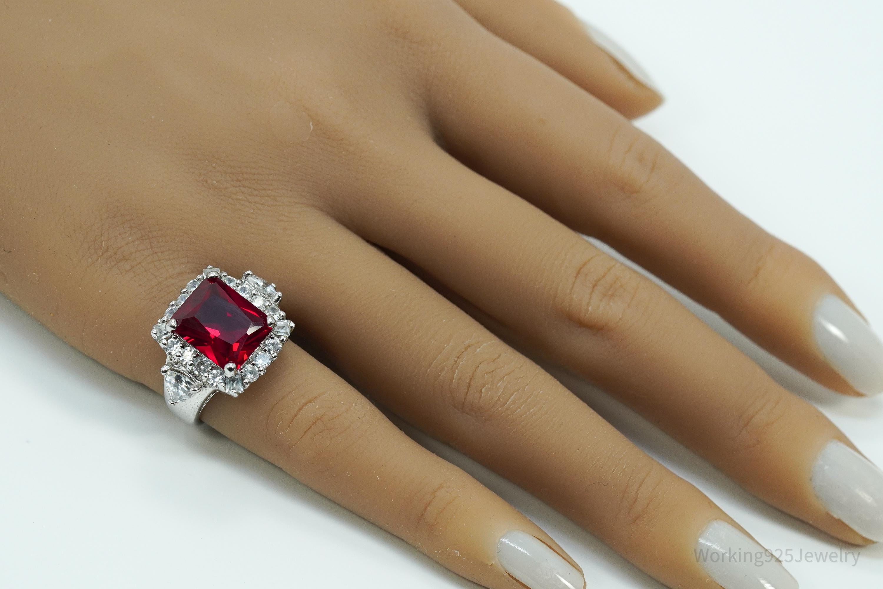Vintage Lab Ruby & Cubic Zirconia Sterling Silver Ring - Size 6