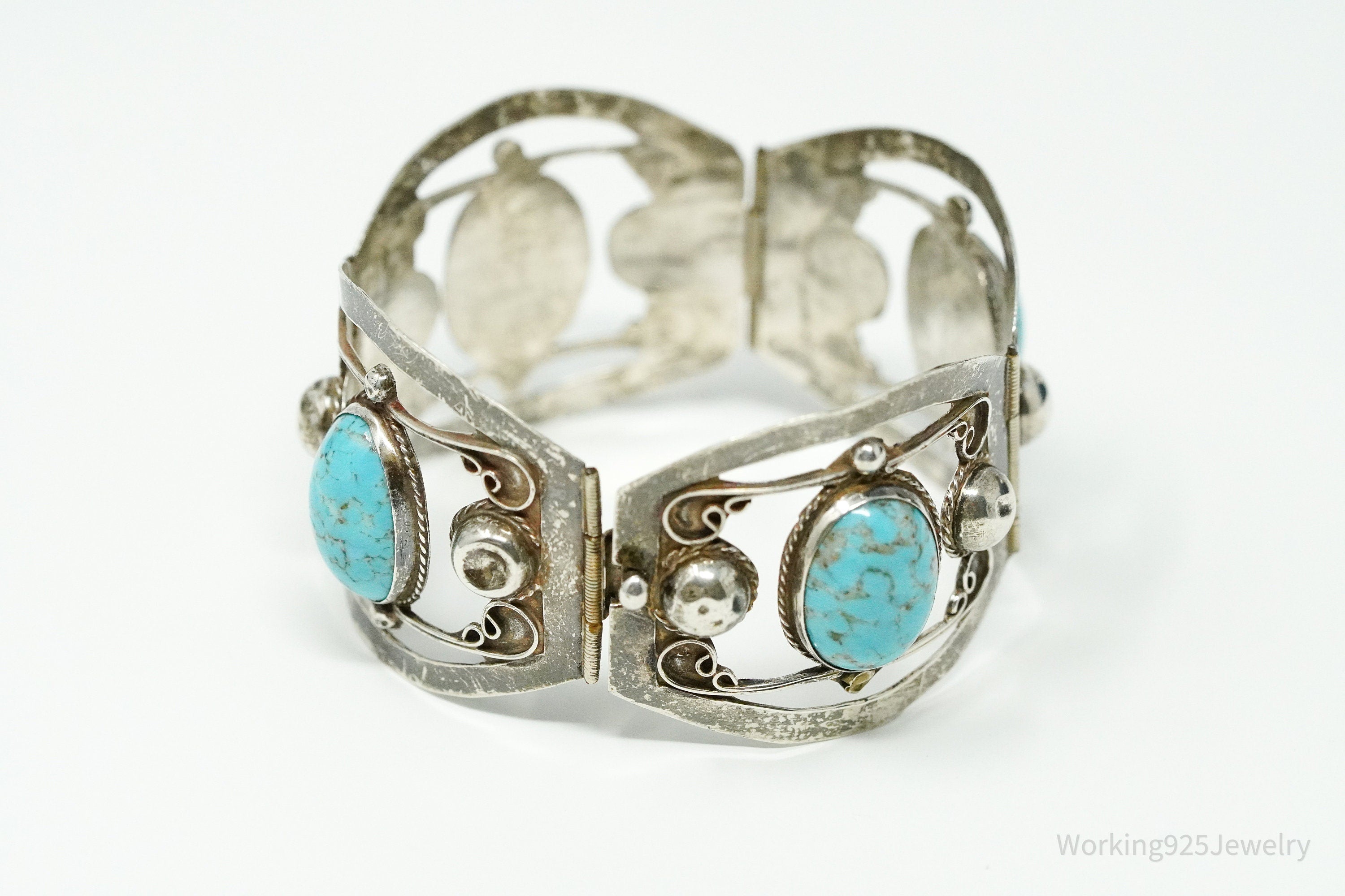 Vintage Mexico Glass Turquoise Sterling Silver Bracelet - 6.75"