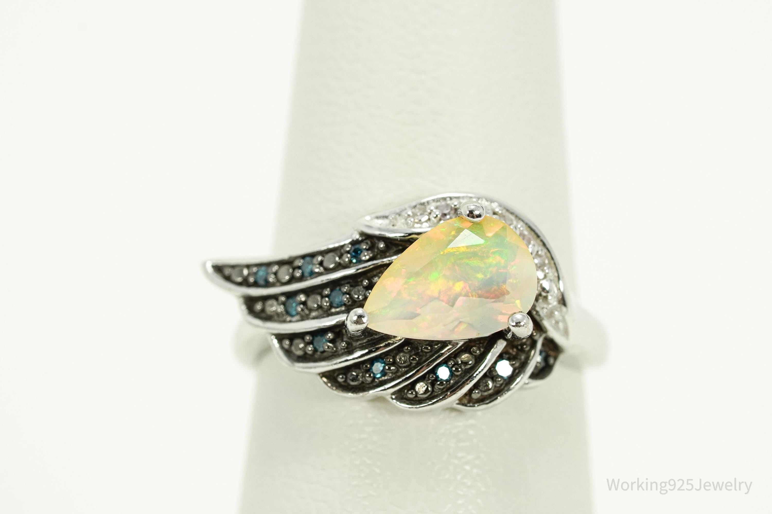 Vintage KH Opal & Diamond Sterling Silver Ring - Size 6