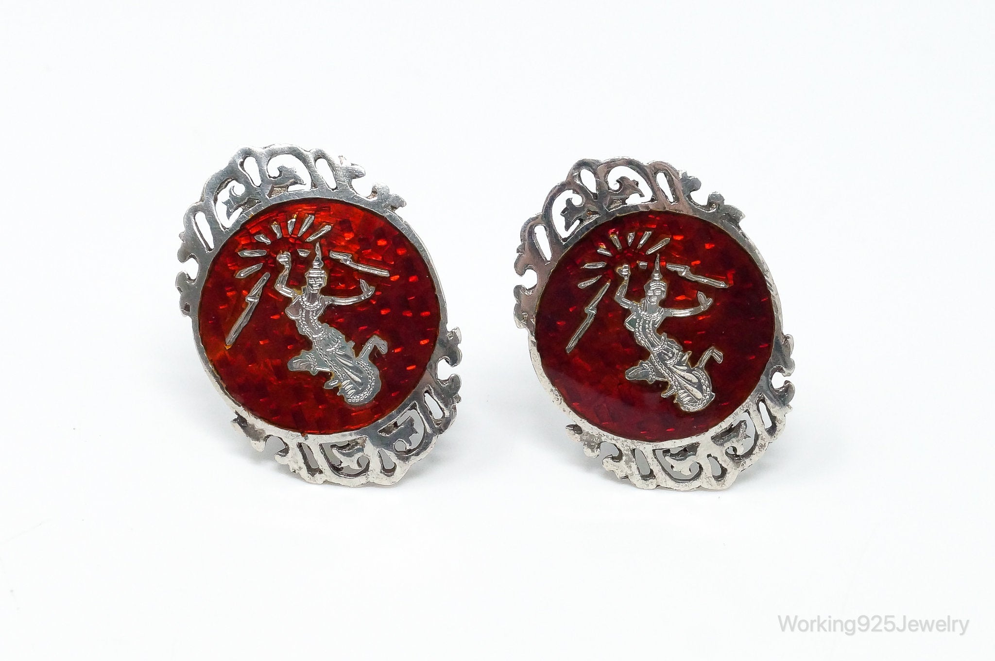 Vintage SIAM Red Enamel Lightening Dancer Sterling Silver Clip On Earrings