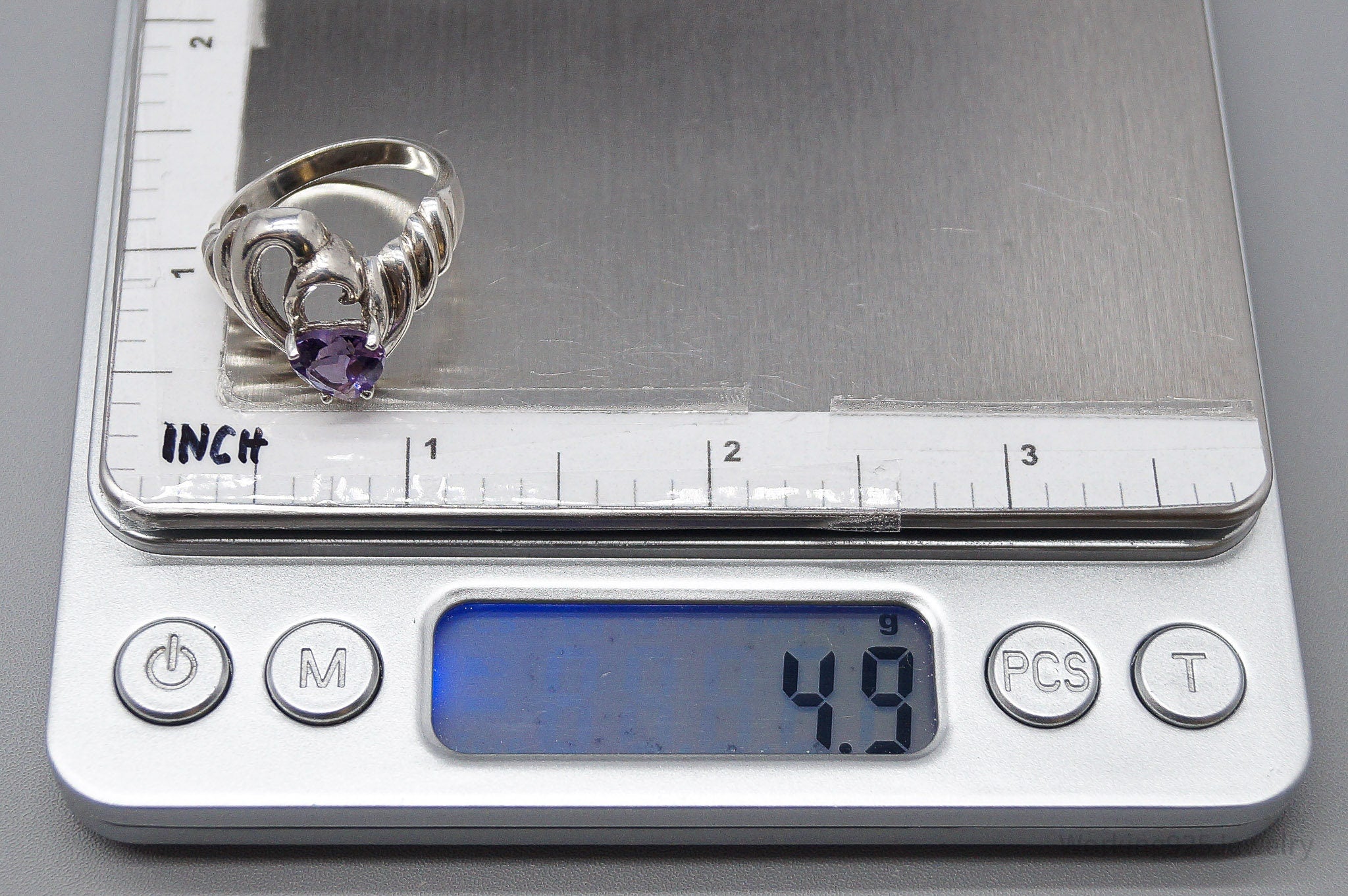 Vintage Amethyst Heart Sterling Silver Ring - Size 9