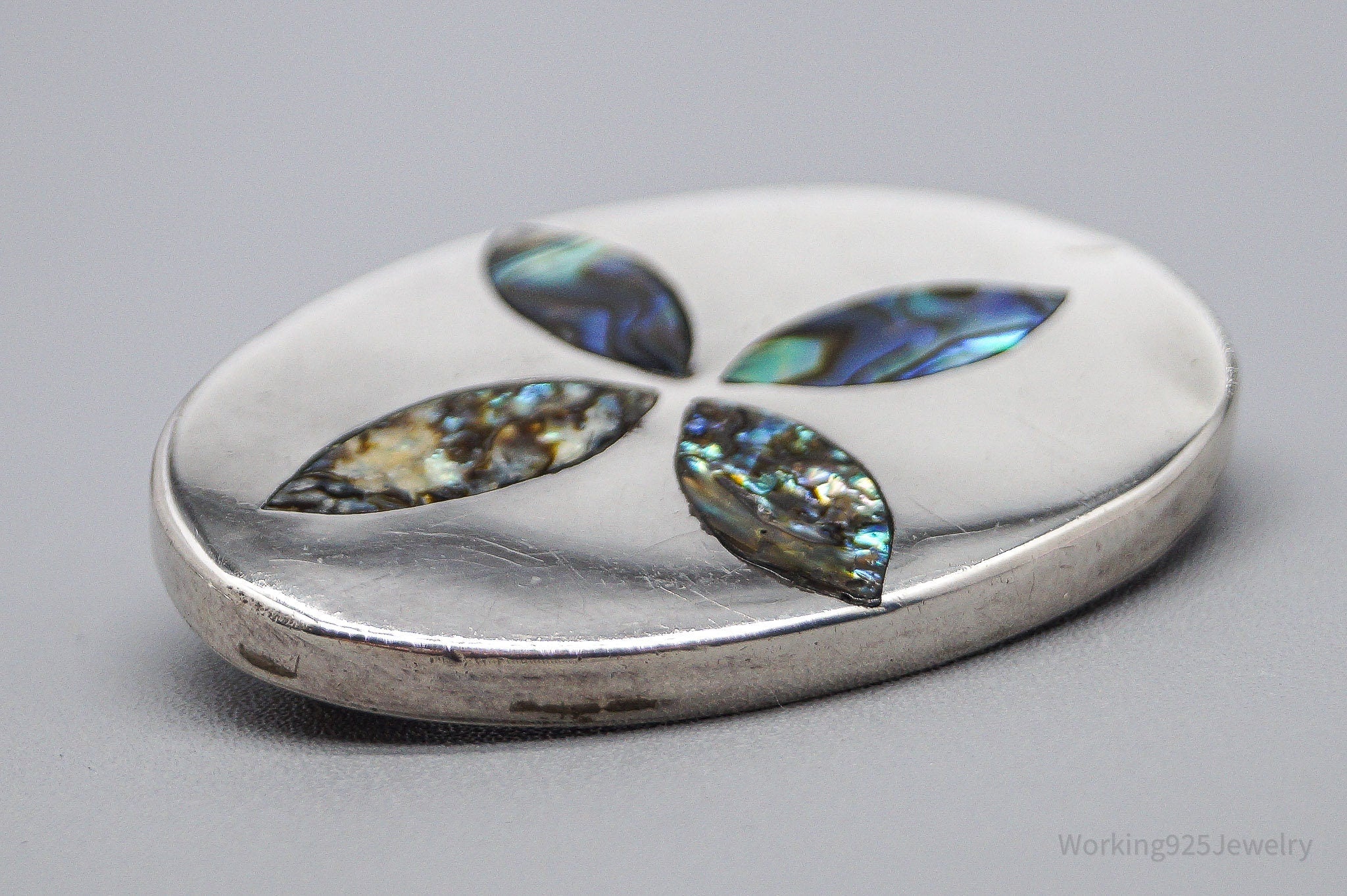 Large Vintage Mexican Paua Abalone Shell Sterling Silver Brooch Pin Pendant