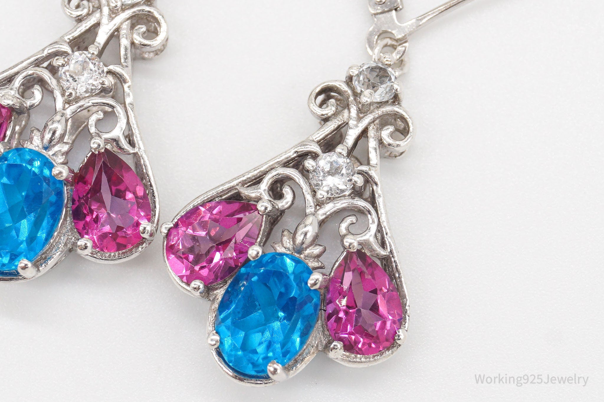 Vintage Blue Pink & White Topaz Sterling Silver Earrings