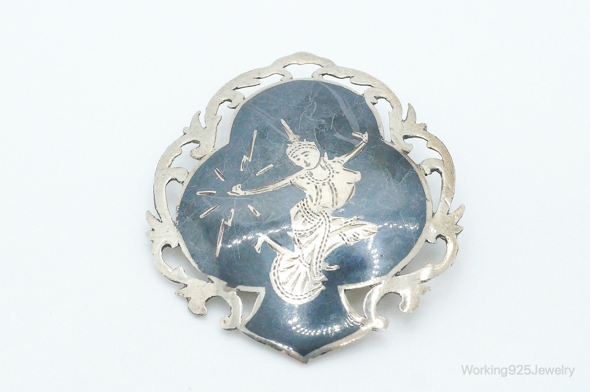 Vintage SIAM Goddess Dancers Enamel Sterling Silver Brooch Pin