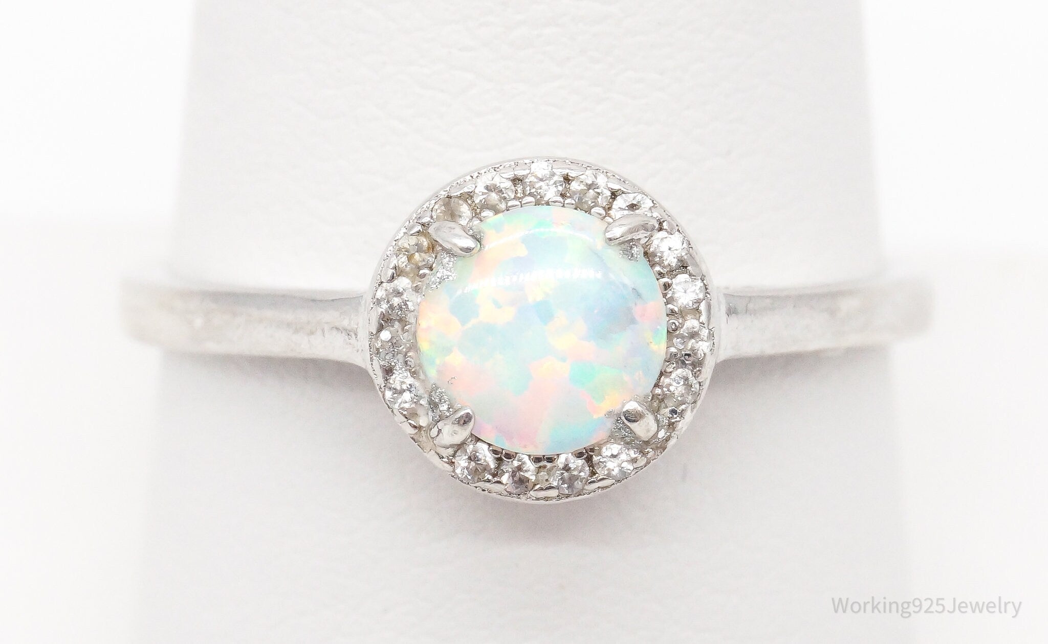 Vintage Opal Cubic Zirconia Sterling Silver Ring Size 8.75