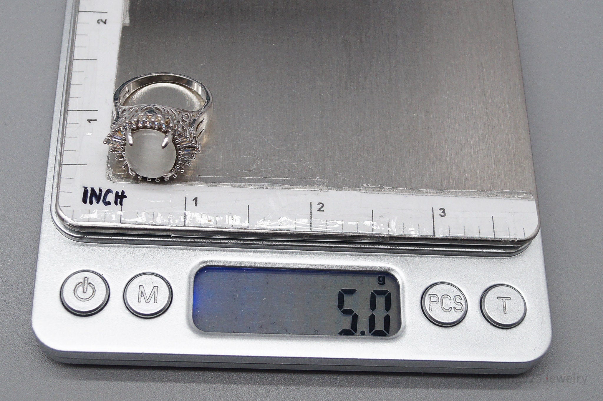 Vintage Cats Eye & Cubic Zirconia Sterling Silver Ring Size 7