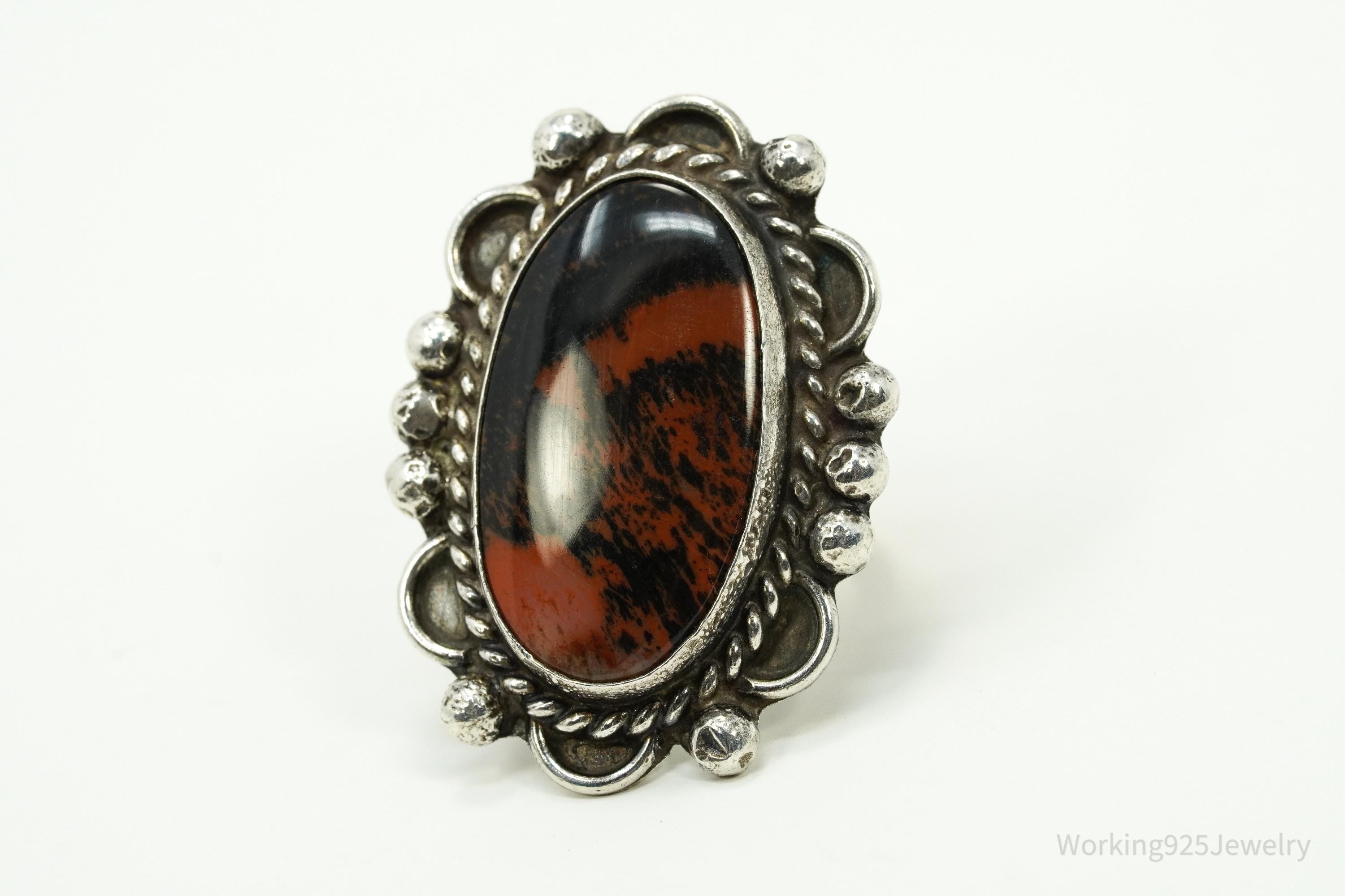 Vintage Native American Petrified Wood Stone Silver Ring - Size 7.25