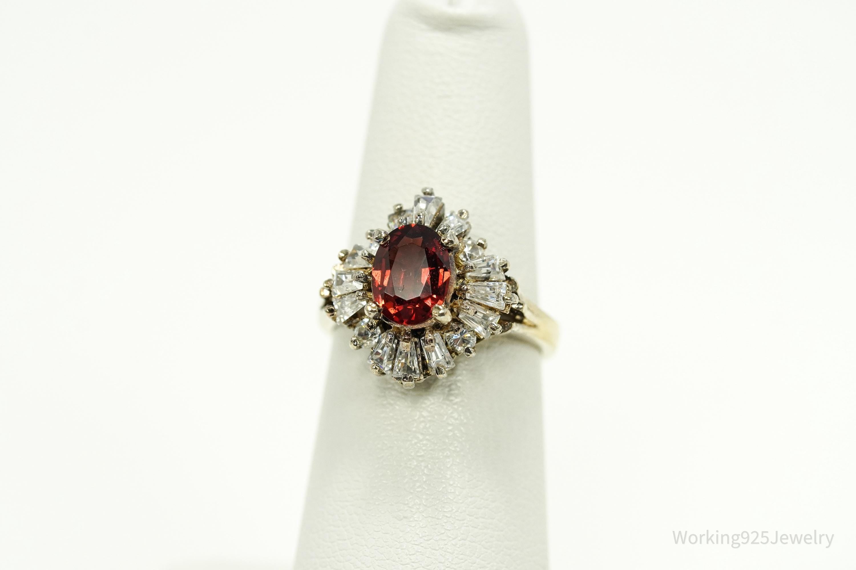 Vintage Garnet & Cubic Zirconia Gold Over Sterling Silver Ring Size 5.75