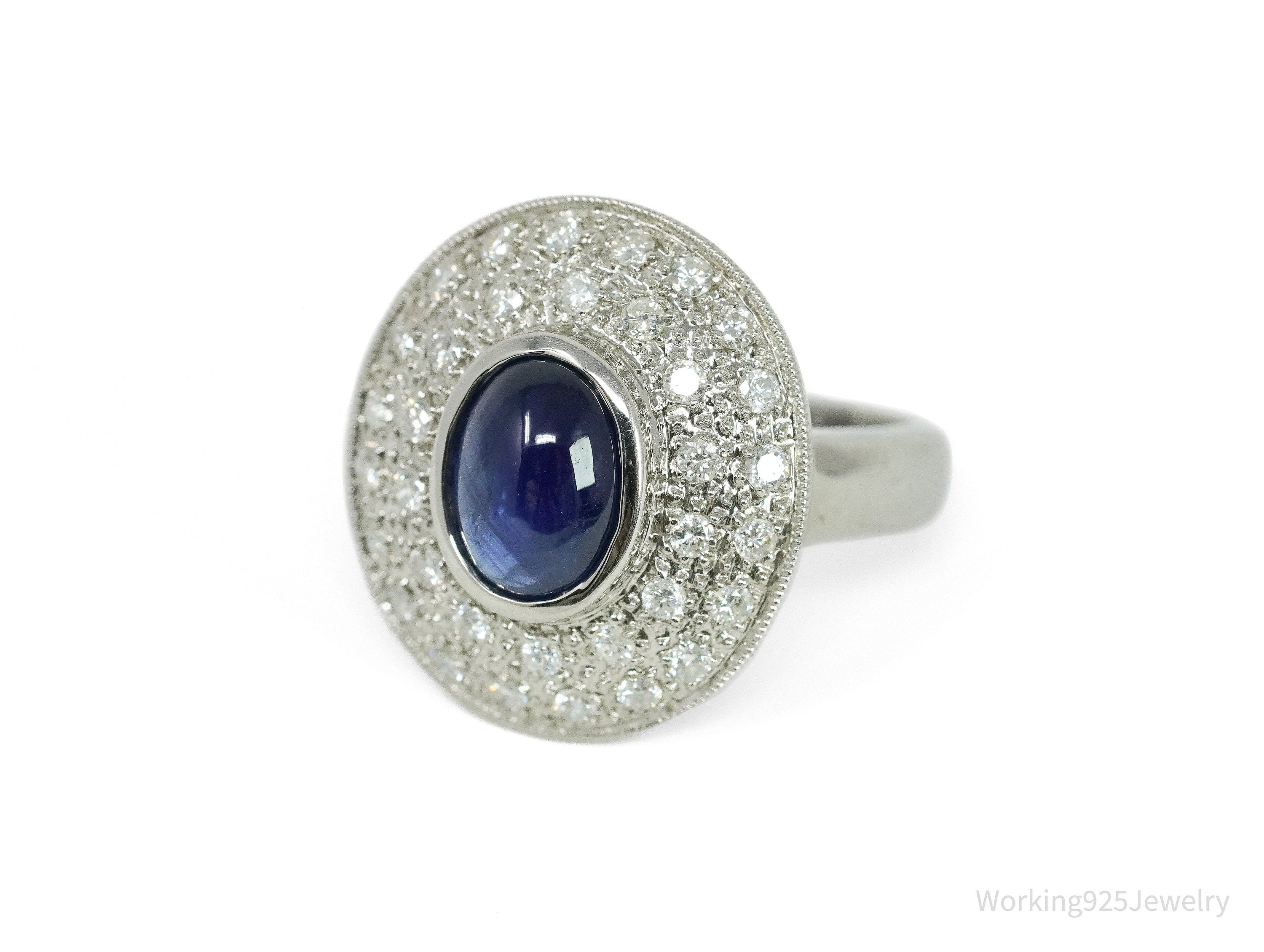 18K White Gold & Natural Sapphire with Diamond Bezel Set Ring - Size 4