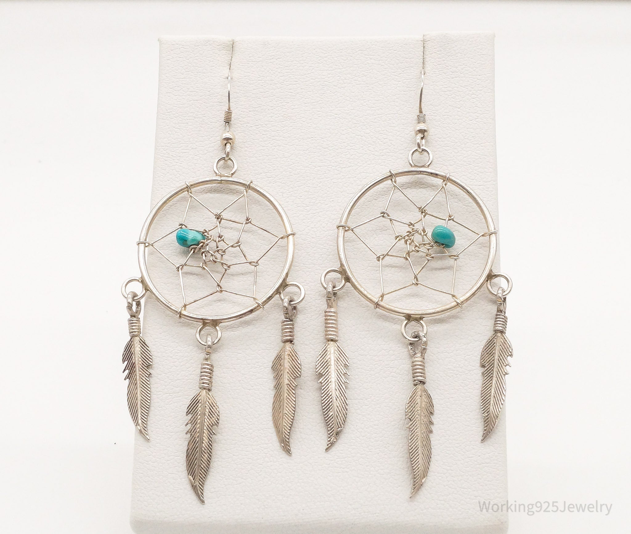 Vintage Native American Turquoise Dream Catcher Sterling Silver Earrings