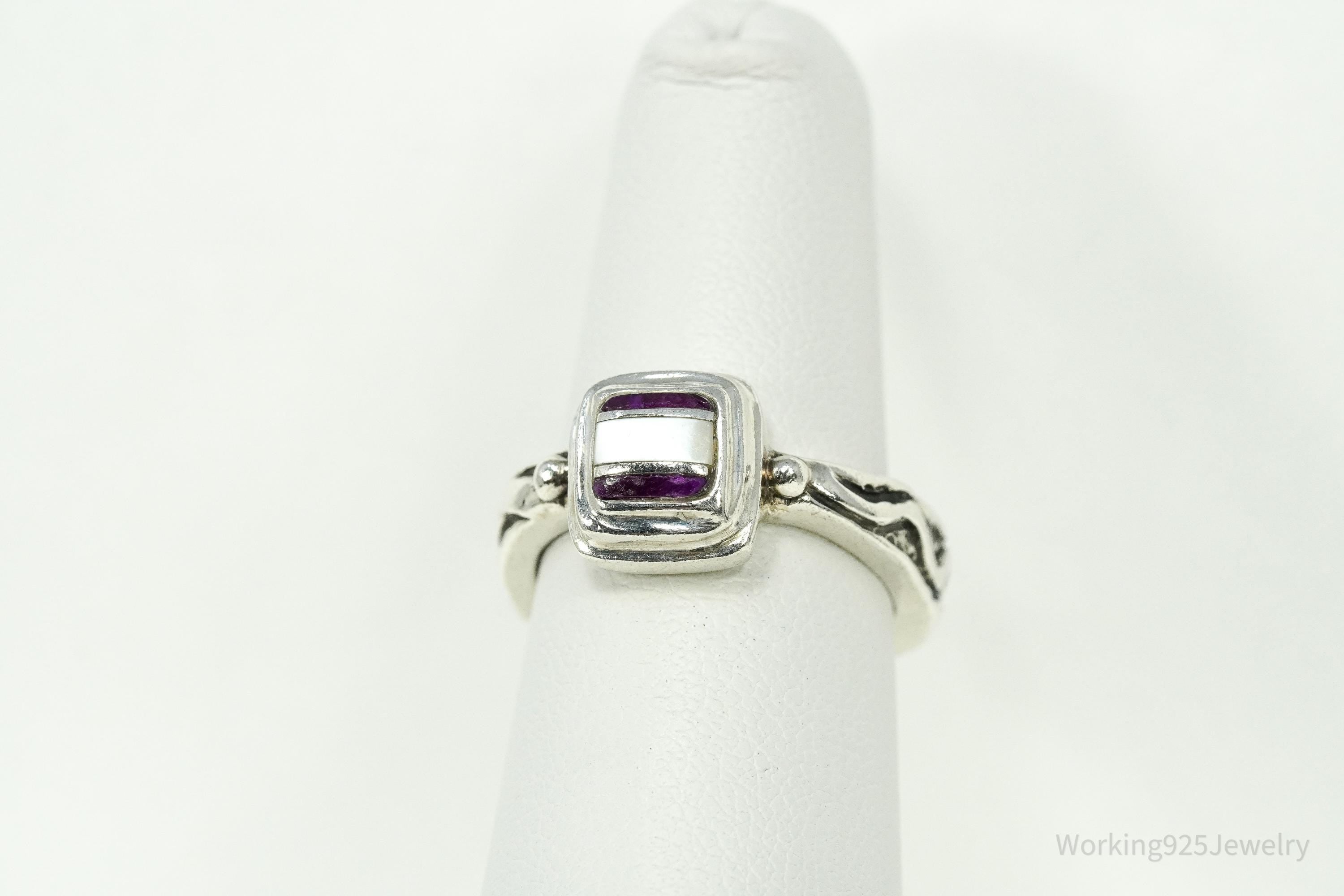 Vintage DeSantis Jewelry Co Mother Of Pearl & Charoite Inlay Sterling Silver Ring - Size 5.75