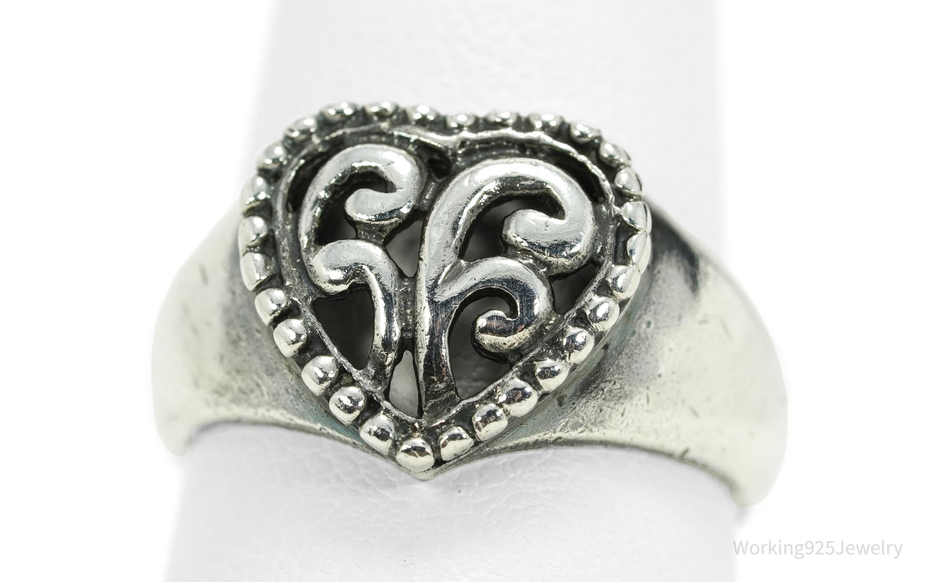 Vintage Scroll Heart Sterling Silver Band Ring - Size 7