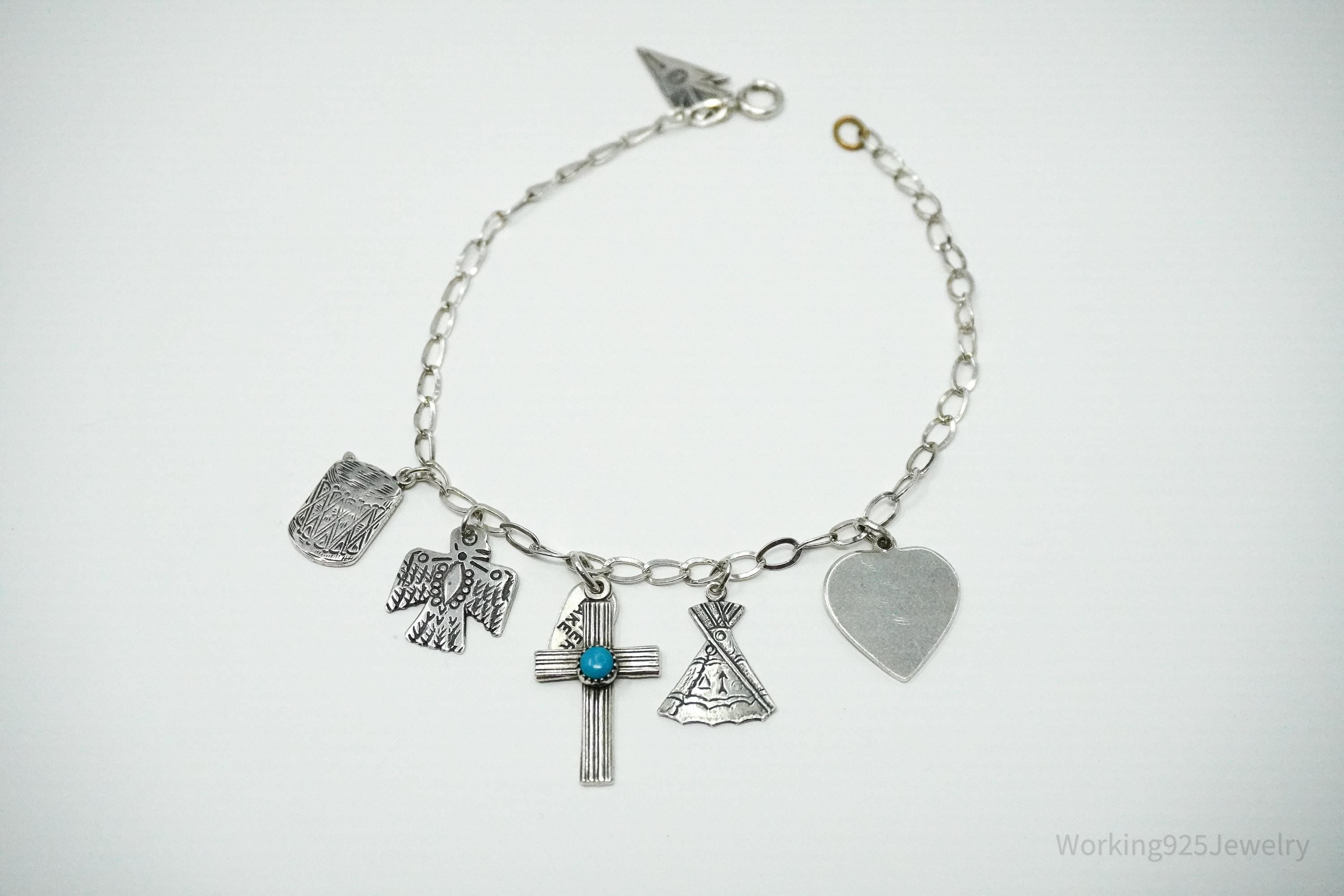 Vintage Southwestern Charms Sterling Silver Bracelet / Anklet 8 3/8"