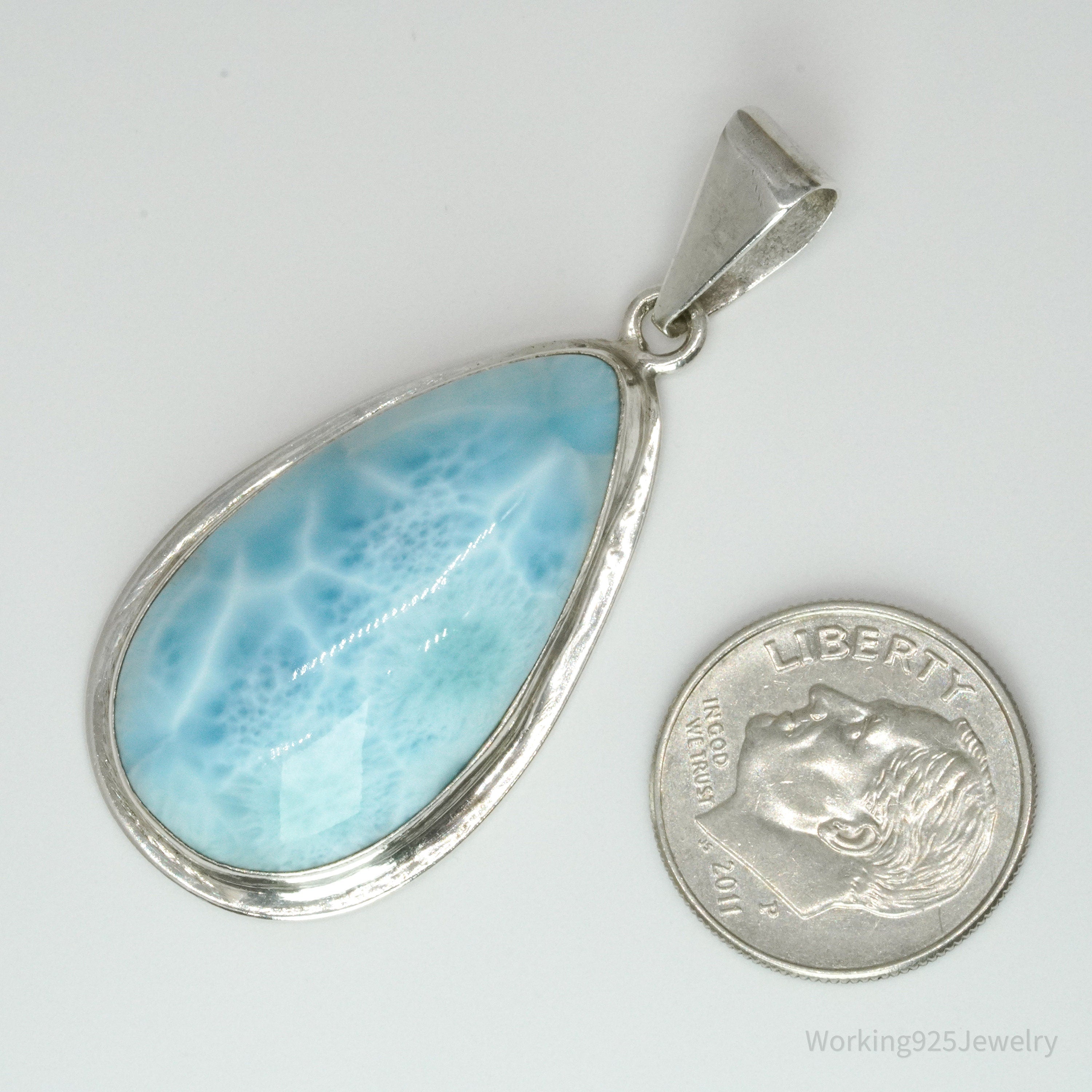 Vintage Large Blue Larimar Sterling Silver Necklace Pendant